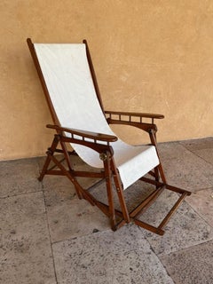 Pair of Reclining Wood and Fabric Sceslongs from an Early 1900s Sailing Yacht