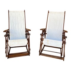 Pair of Reclining Wood and Fabric Sceslongs from an Early 1900s Sailing Yacht
