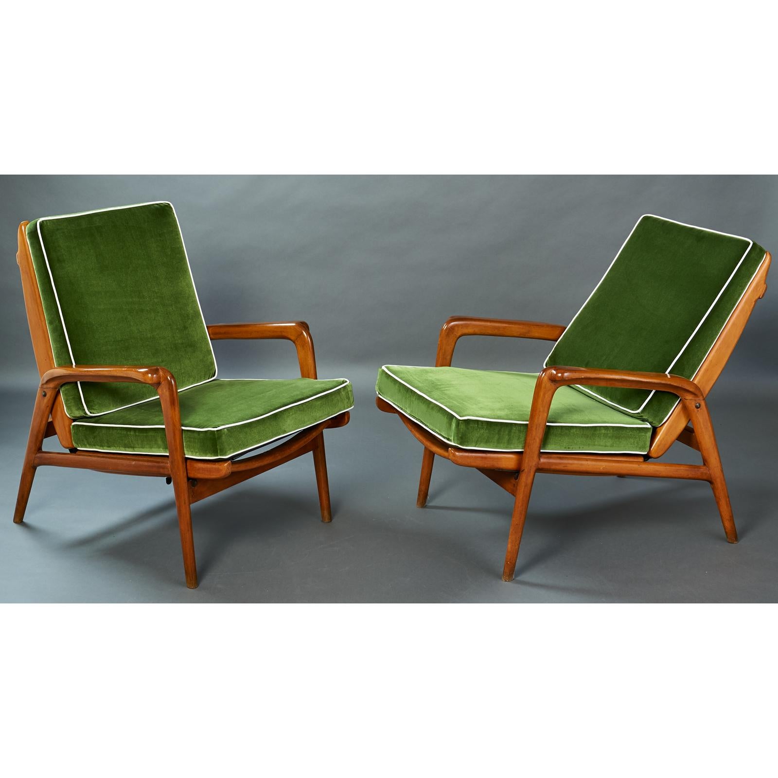 Italian Pair of Reclining Wood Armchairs, Italy, 1950s