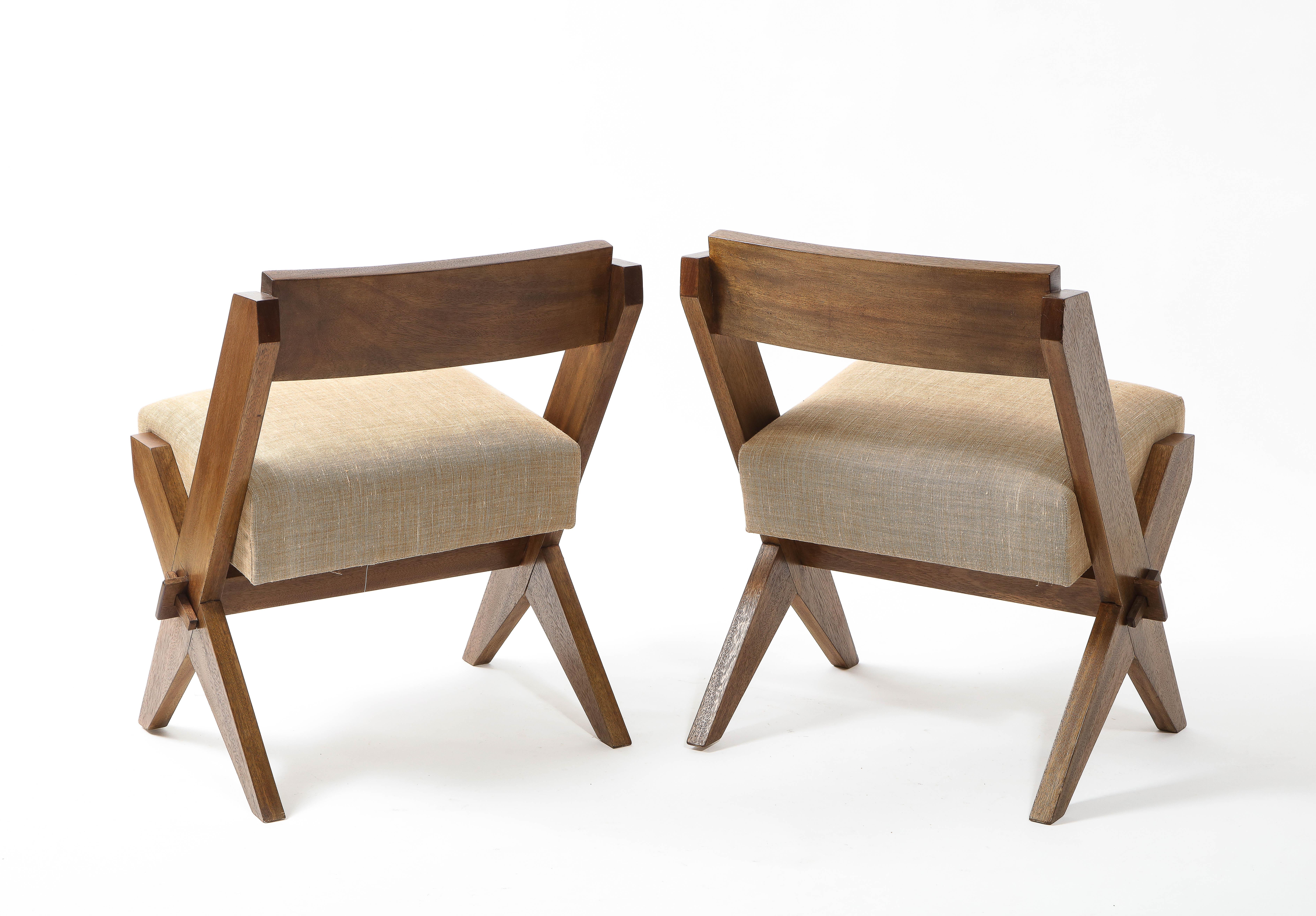 Pair of Reconstruction Small Solid Wood Scissor Leg Chairs, France 1950's 4