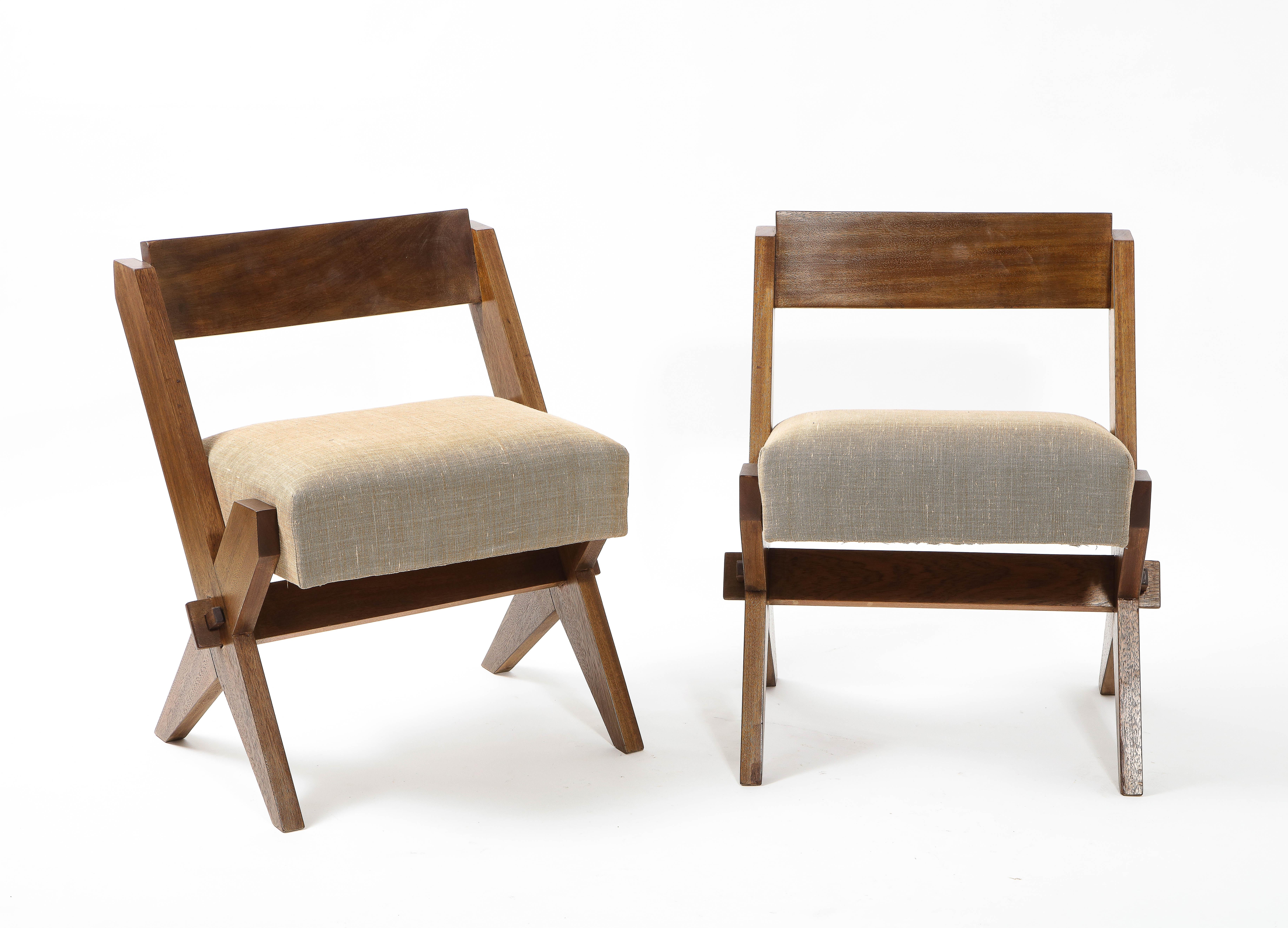 Pair of Reconstruction Small Solid Wood Scissor Leg Chairs, France 1950's 6