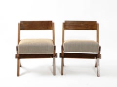 Pair of Reconstruction Small Solid Wood Scissor Leg Chairs, France 1950's