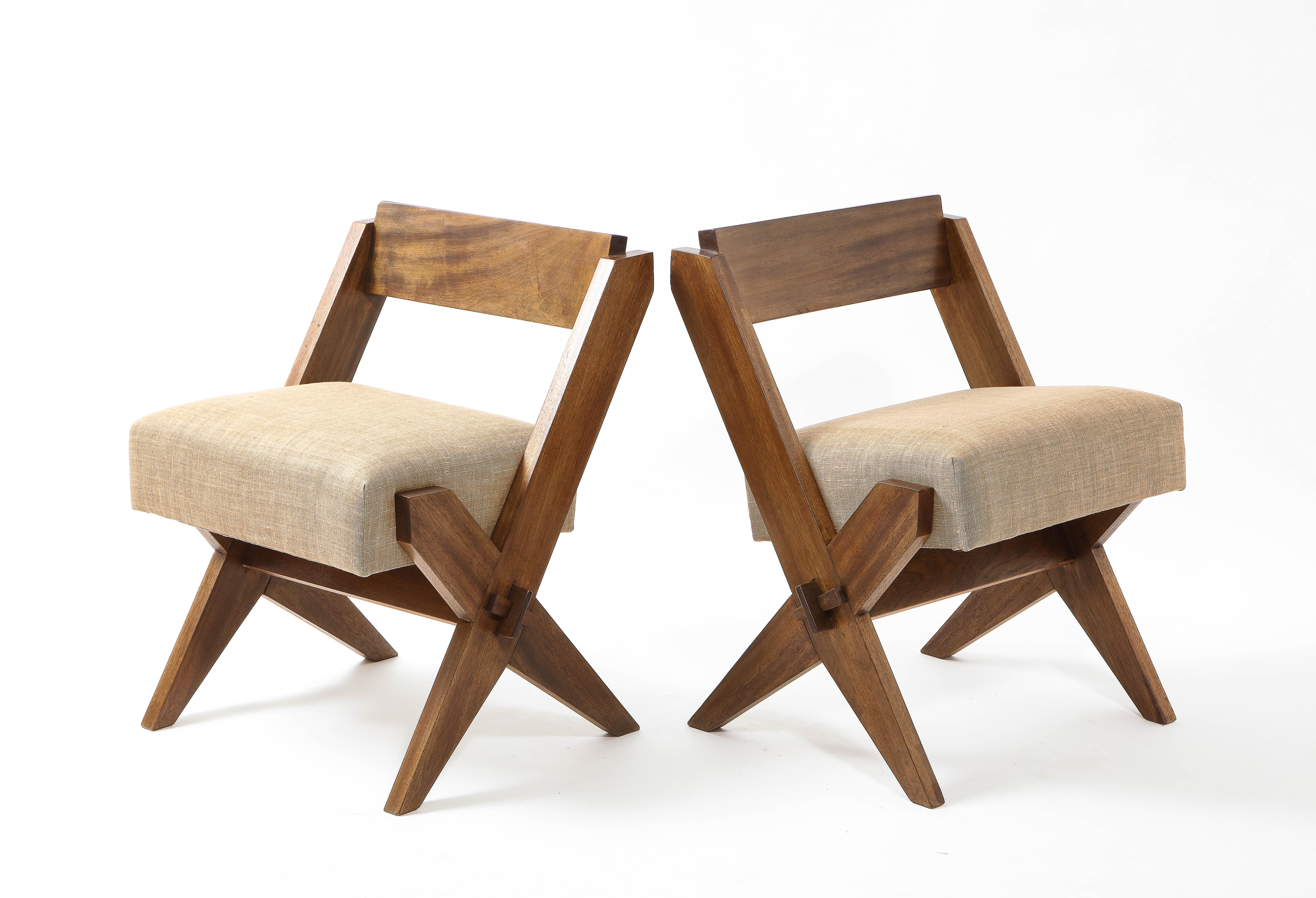 Mid-Century Modern Pair of Reconstruction Small Solid Wood Scissor Leg Chairs, France 1950's