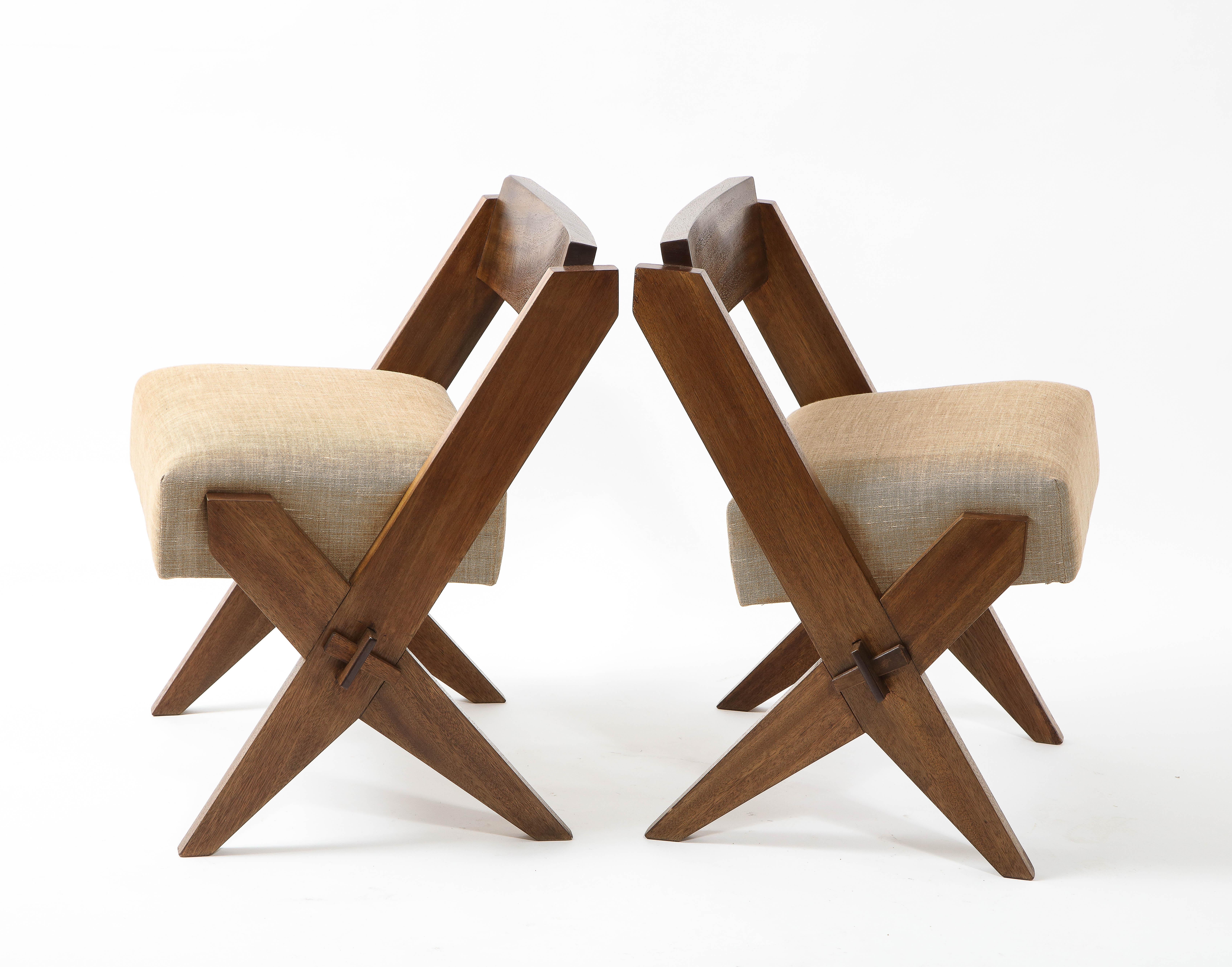 French Pair of Reconstruction Small Solid Wood Scissor Leg Chairs, France 1950's For Sale