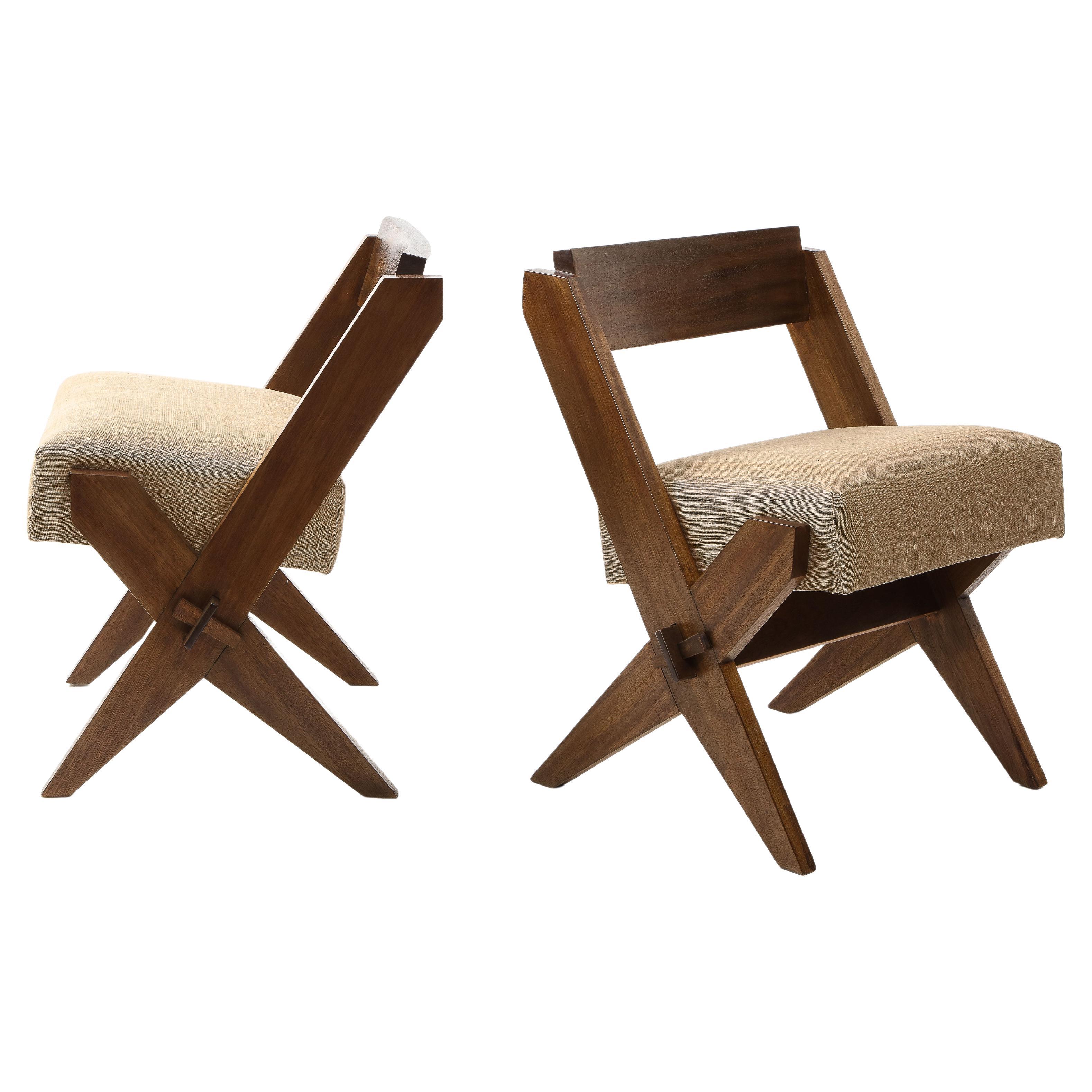 Pair of Reconstruction Small Solid Wood Scissor Leg Chairs, France 1950's For Sale