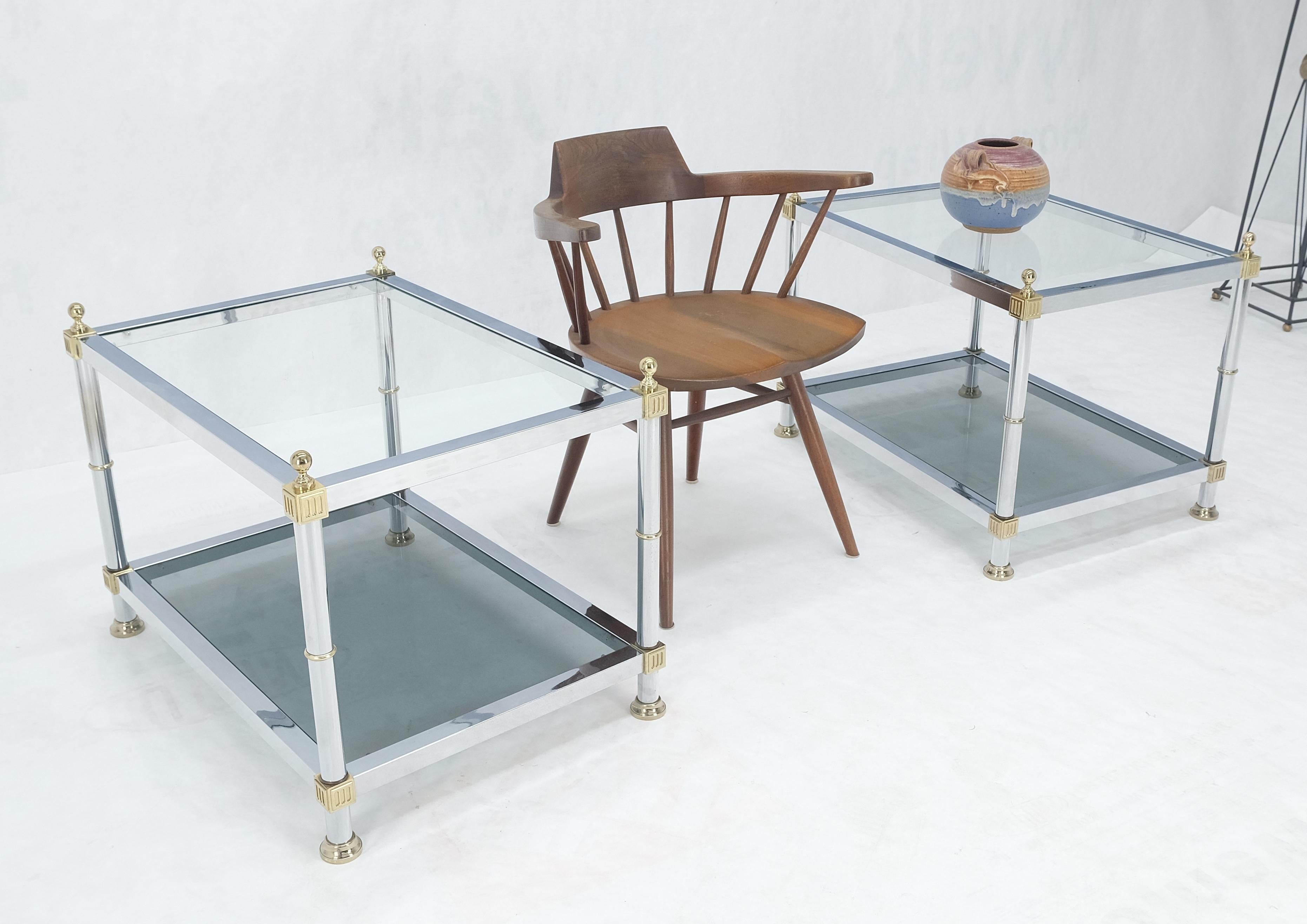 Pair of Rectangle Italian Mid Century Modern  Chrome & Brass Smoked Glass Two Tier End Side Tables MINT!