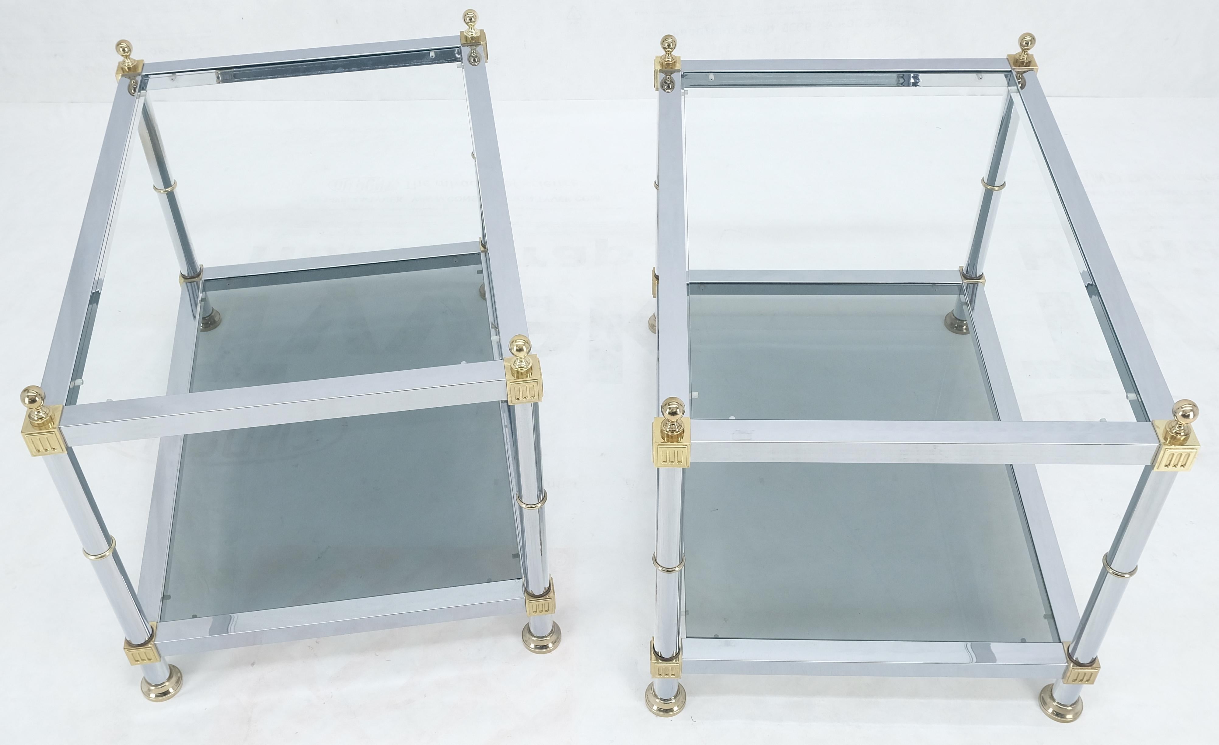 Italian Pair of Rectangle Chrome & Brass Smoked Glass Two Tier End Side Tables MINT! For Sale