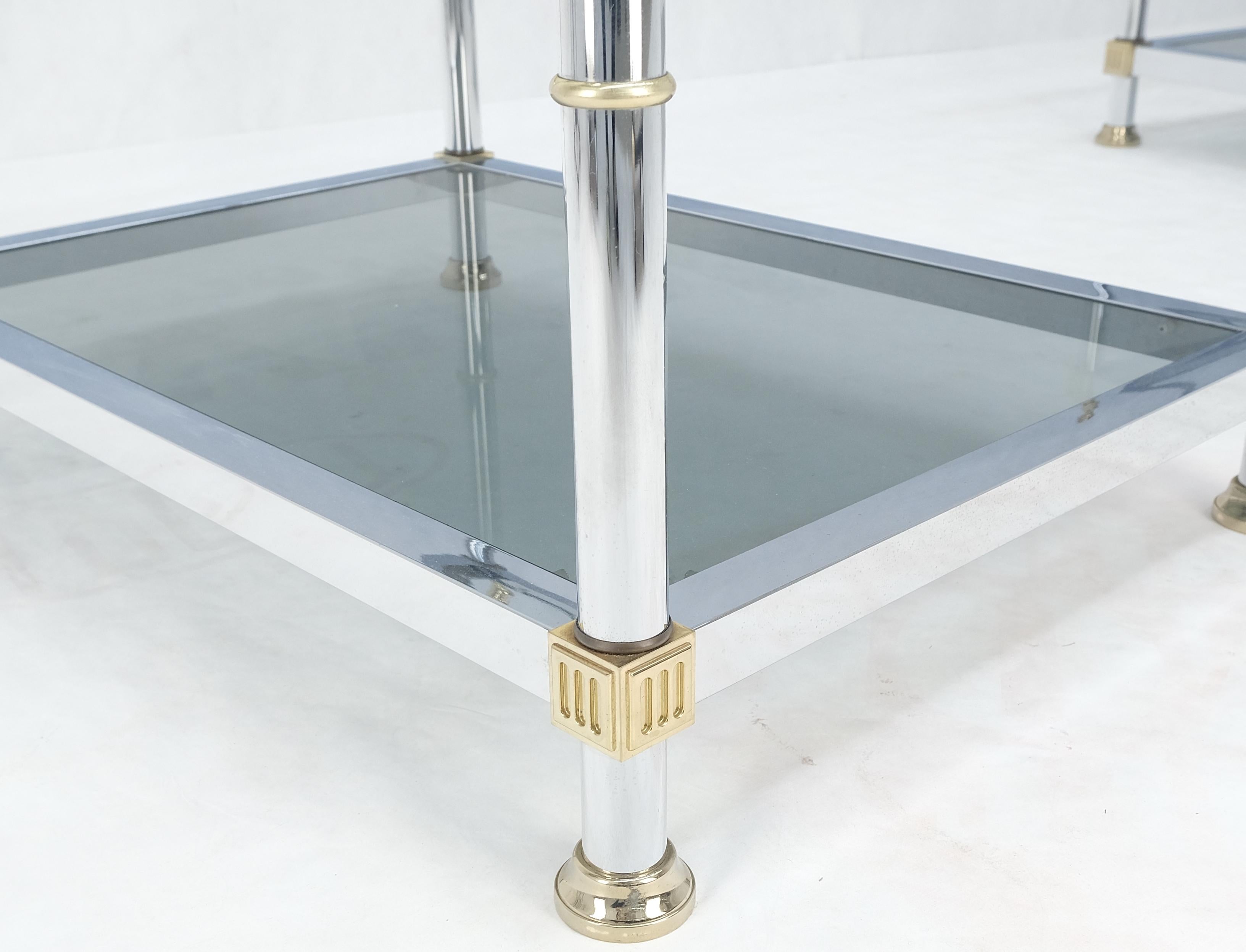 Lacquered Pair of Rectangle Chrome & Brass Smoked Glass Two Tier End Side Tables MINT! For Sale