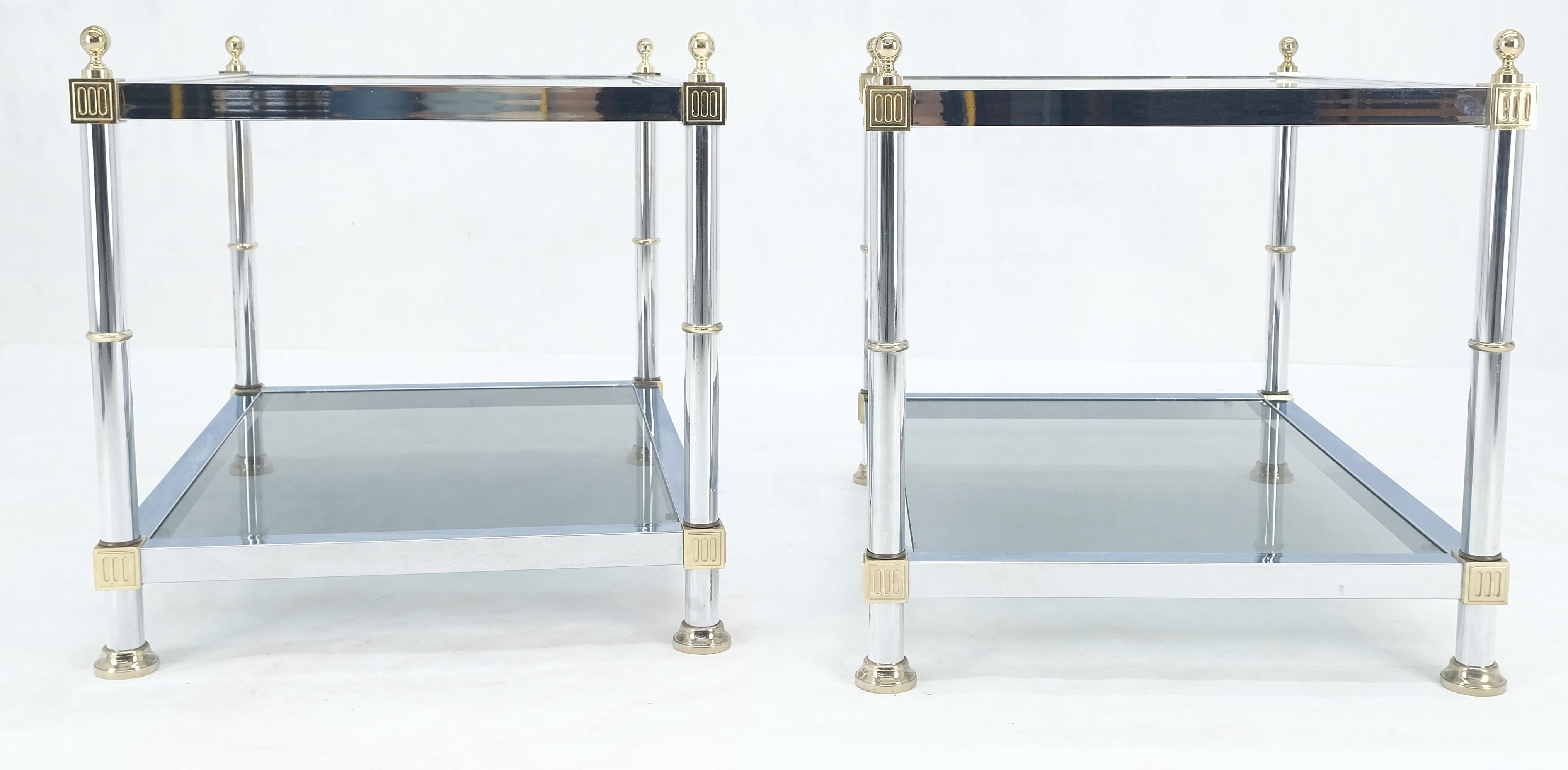 Pair of Rectangle Chrome & Brass Smoked Glass Two Tier End Side Tables MINT! In Excellent Condition For Sale In Rockaway, NJ