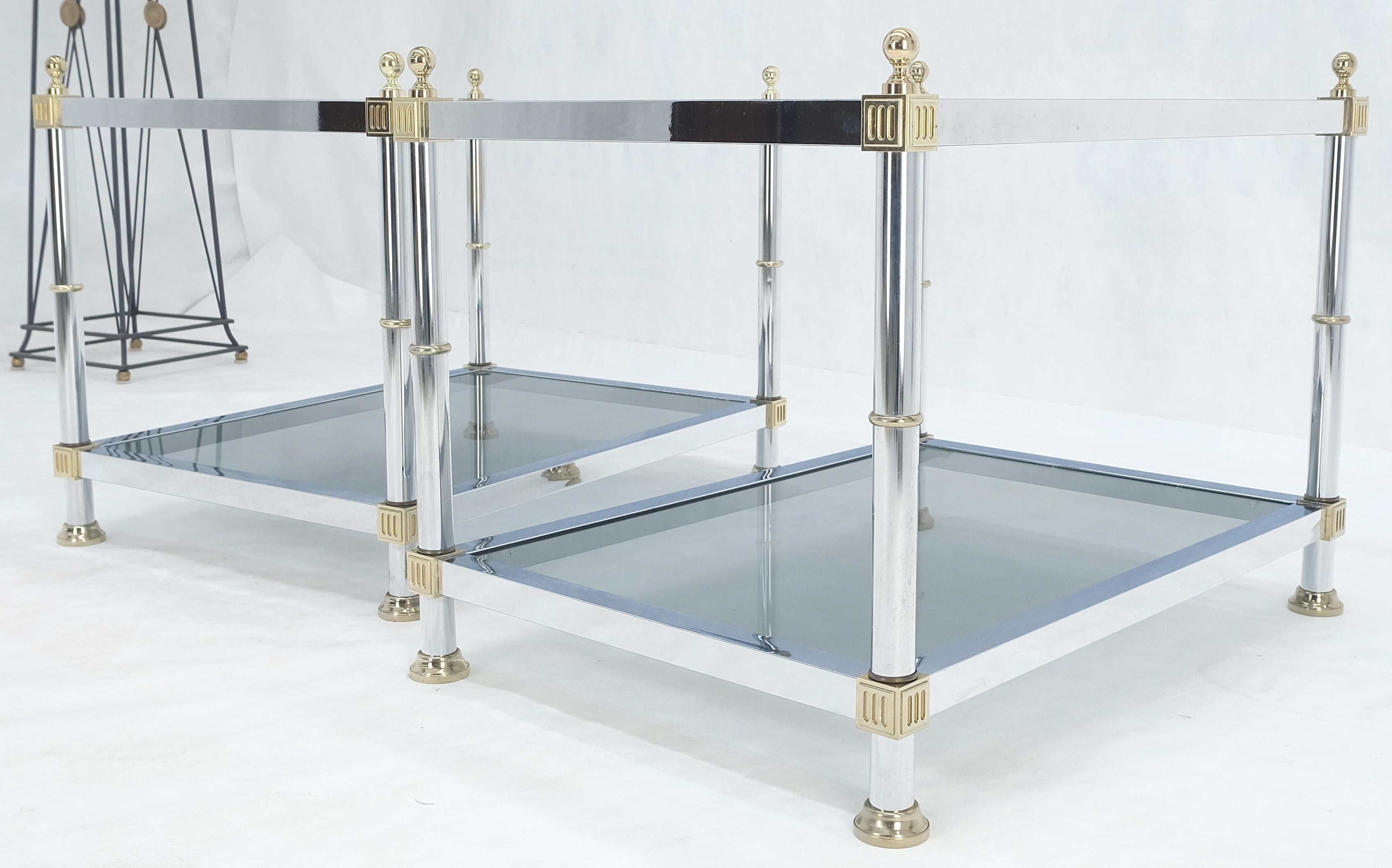 20th Century Pair of Rectangle Chrome & Brass Smoked Glass Two Tier End Side Tables MINT! For Sale
