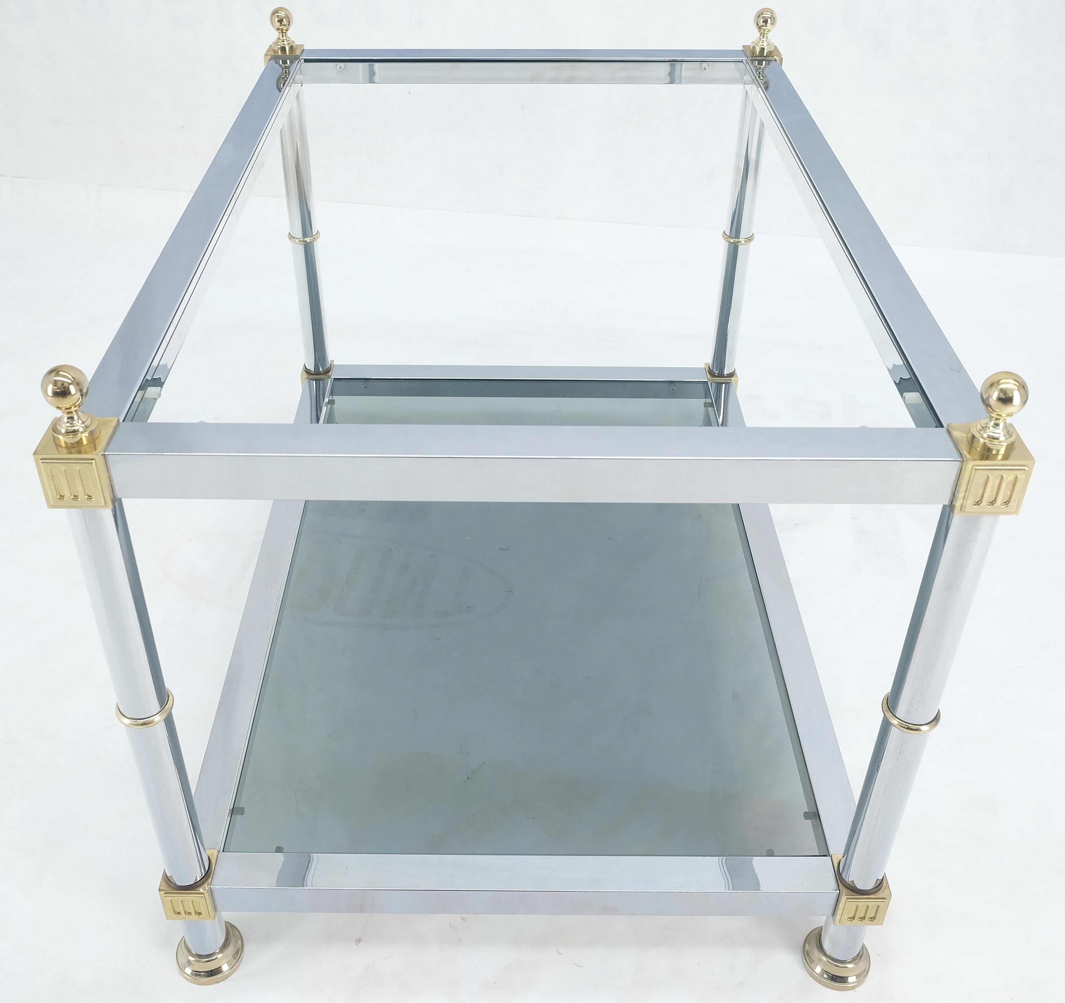 Pair of Rectangle Chrome & Brass Smoked Glass Two Tier End Side Tables MINT! For Sale 1