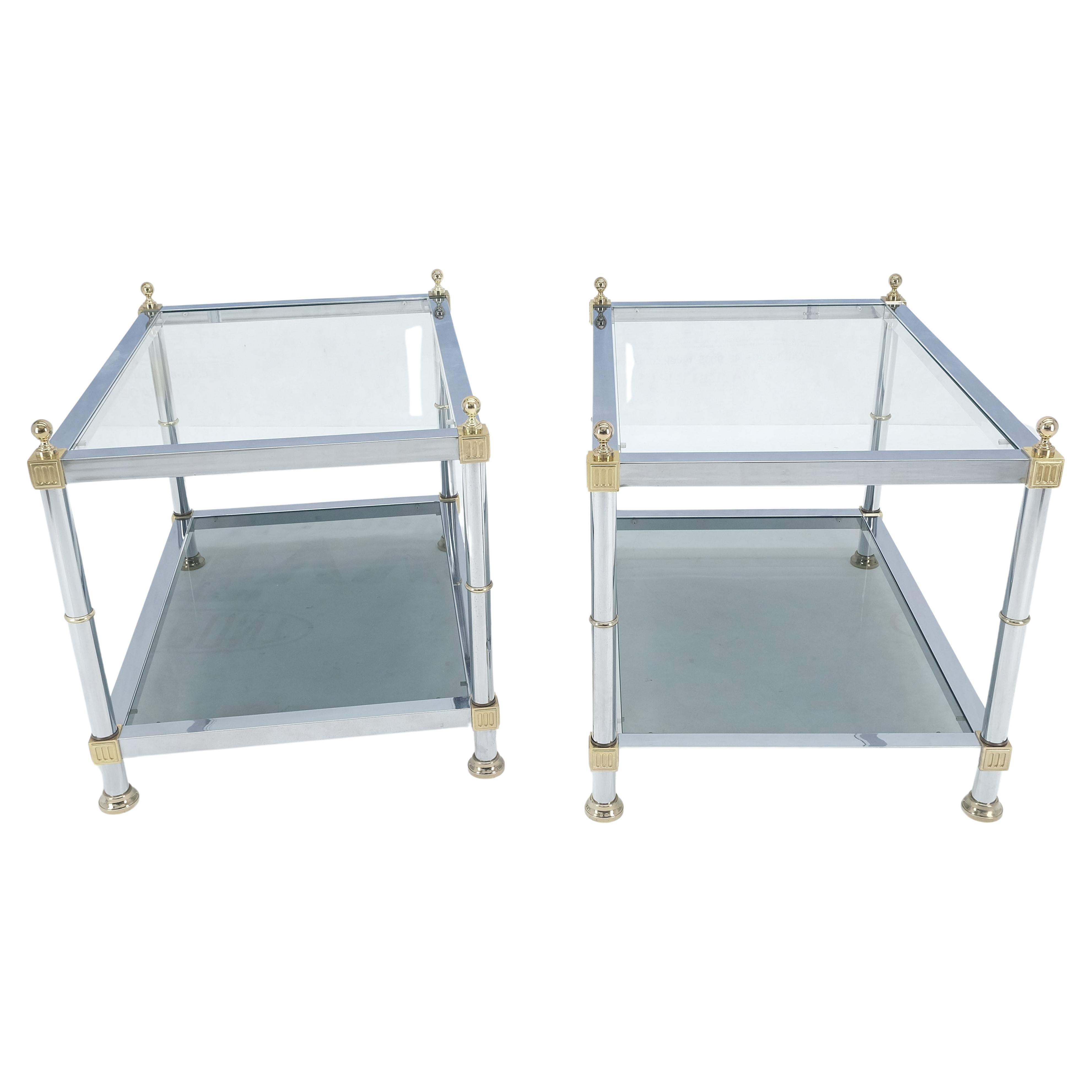 Pair of Rectangle Chrome & Brass Smoked Glass Two Tier End Side Tables MINT! For Sale