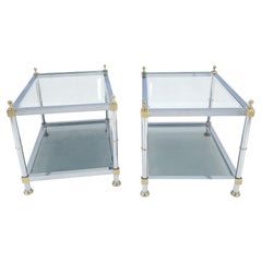 Vintage Pair of Rectangle Chrome & Brass Smoked Glass Two Tier End Side Tables MINT!