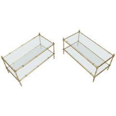 Pair of Rectangle Heavy Gage Brass Faux Bamboo Coffee Occasional Tables