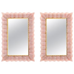 Pair of Rectangular Blush Pink Textured Murano Glass and Brass Mirrors, Italy