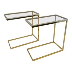 Pair of Rectangular Cantilever Brass and Lucite Side Tables