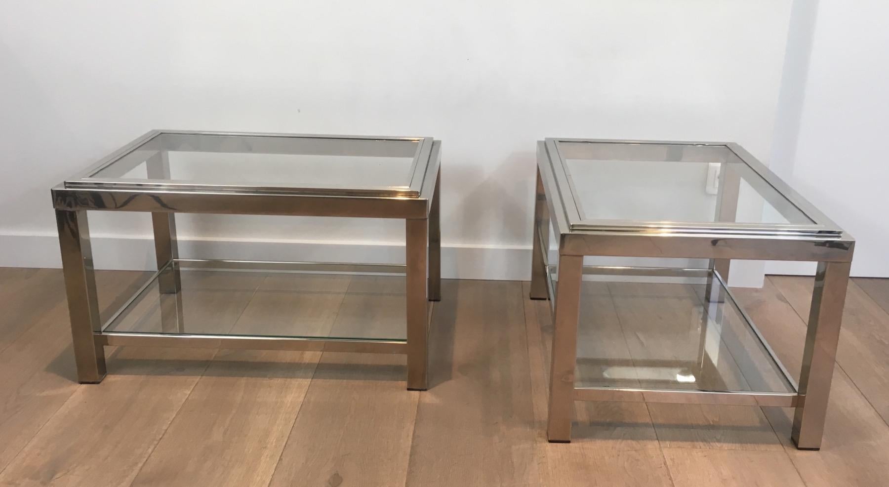 Pair of Rectangular Chrome Side Tables. French, Circa 1970 In Good Condition For Sale In Marcq-en-Barœul, Hauts-de-France