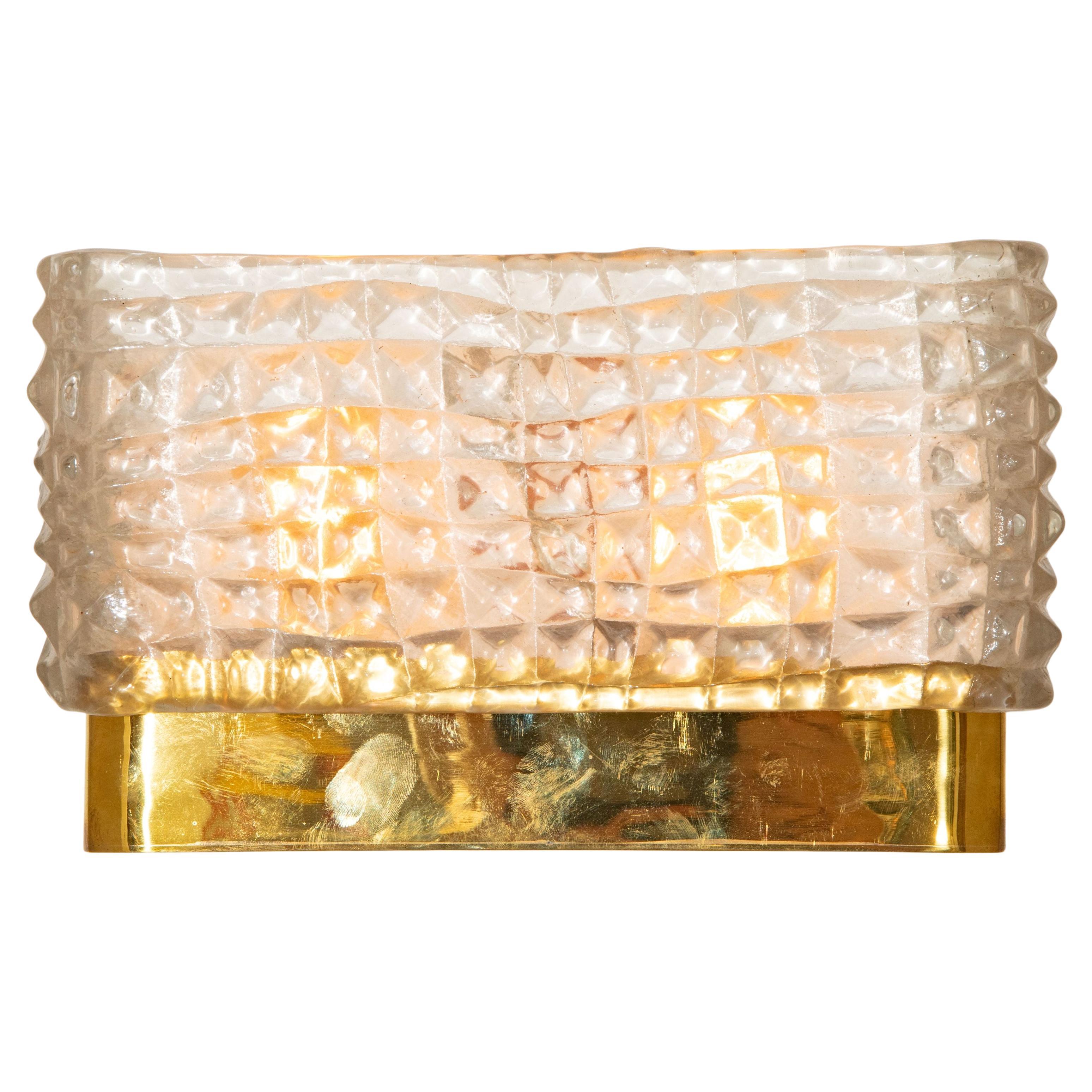 Art Deco Pair of Rectangular Clear Murano Textured Glass and Brass Wall Lights, in stock For Sale