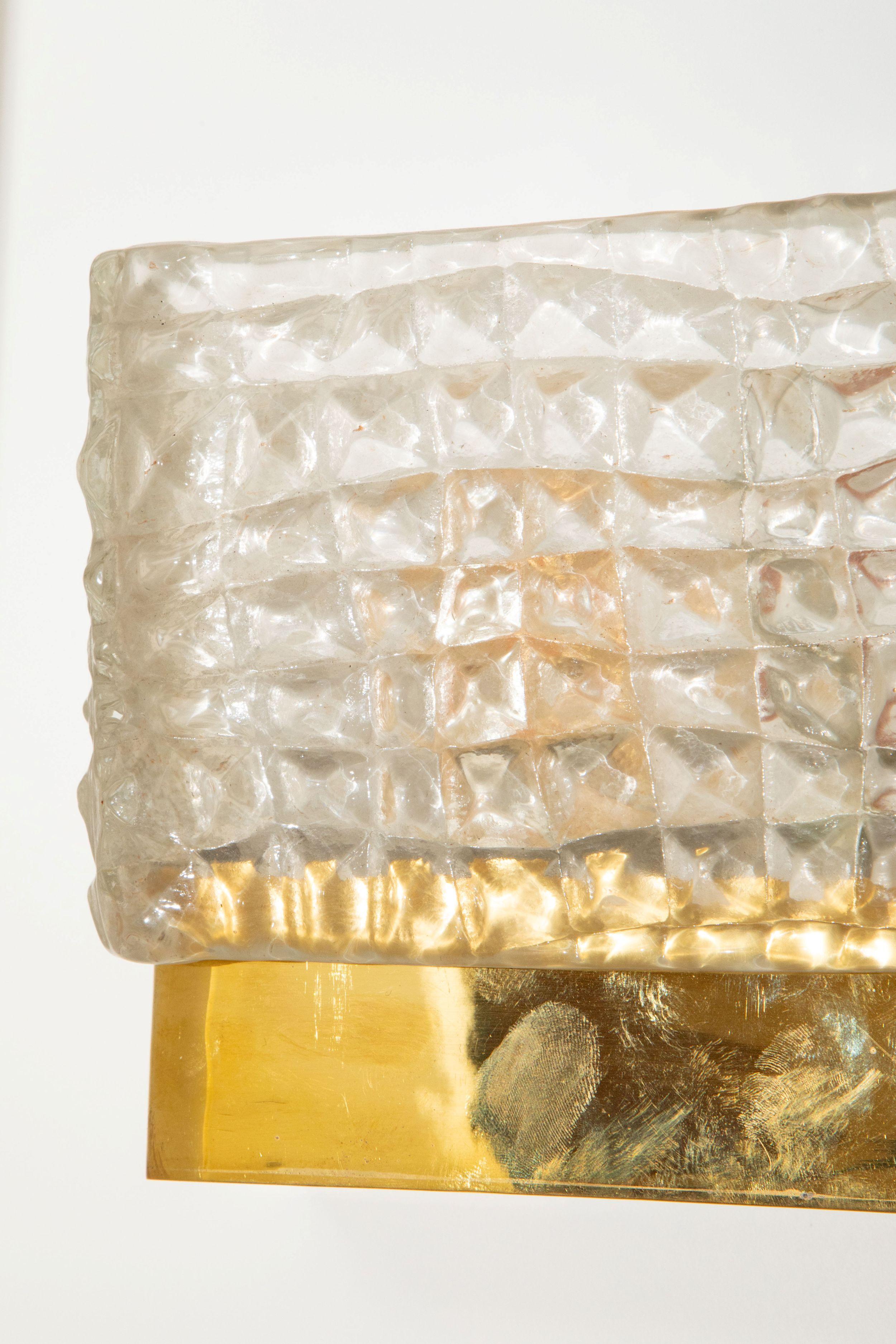 Pair of Rectangular Clear Murano Textured Glass and Brass Wall Lights, in stock For Sale 2