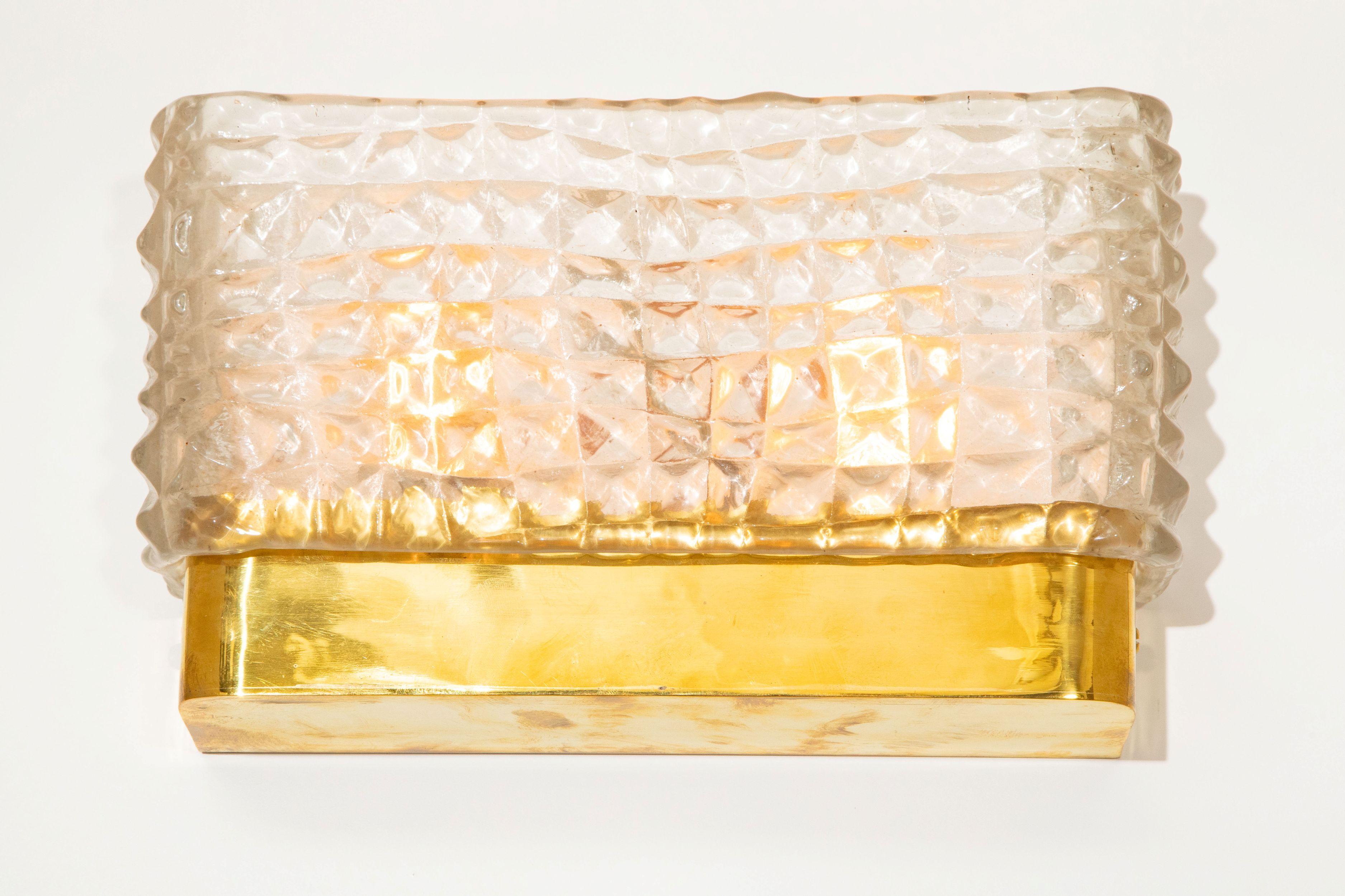 Pair of Rectangular Clear Murano Textured Glass and Brass Wall Lights, in stock For Sale 3