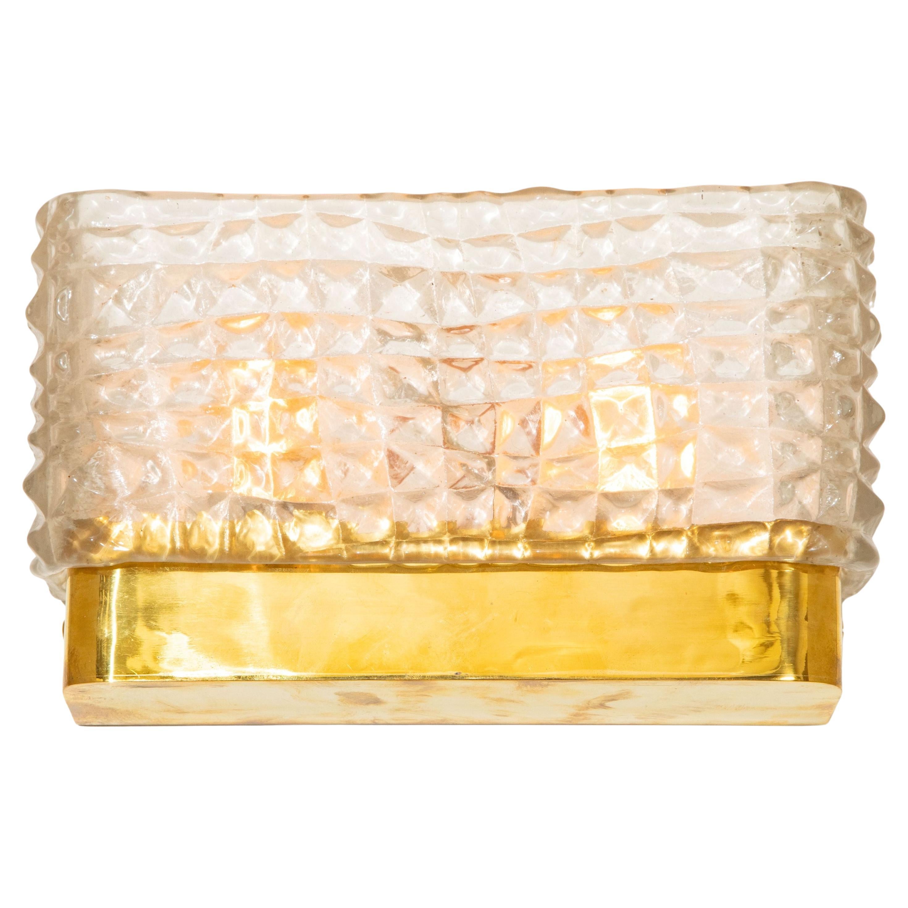 Pair of Rectangular Clear Murano Textured Glass and Brass Wall Lights, in stock For Sale