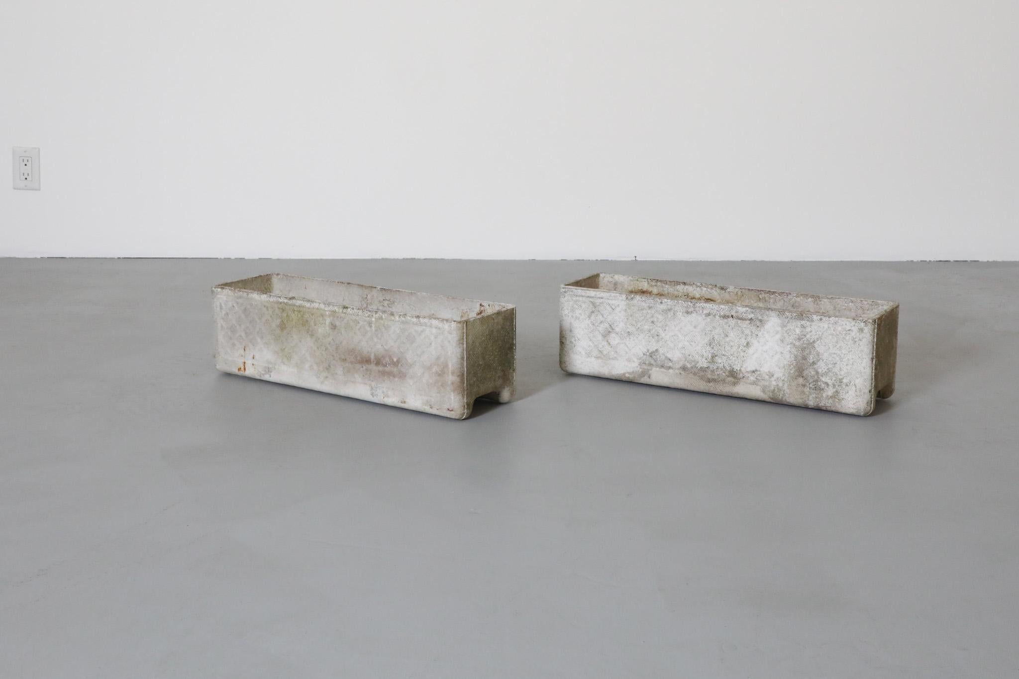 Pair of Rectangular Concrete Willy Guhl Attributed Planters w/ Diamond Pattern For Sale 5