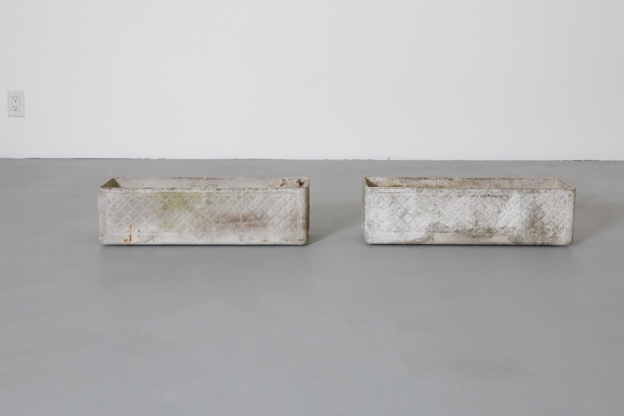 Pair of Rectangular Concrete Willy Guhl Attributed Planters w/ Diamond Pattern For Sale 6