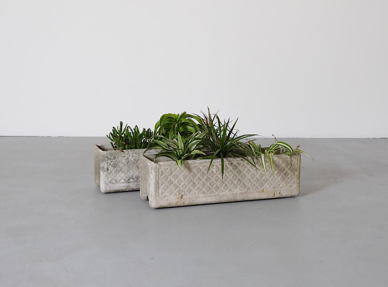 Pair of Rectangular Concrete Willy Guhl Attributed Planters w/ Diamond Pattern For Sale 10