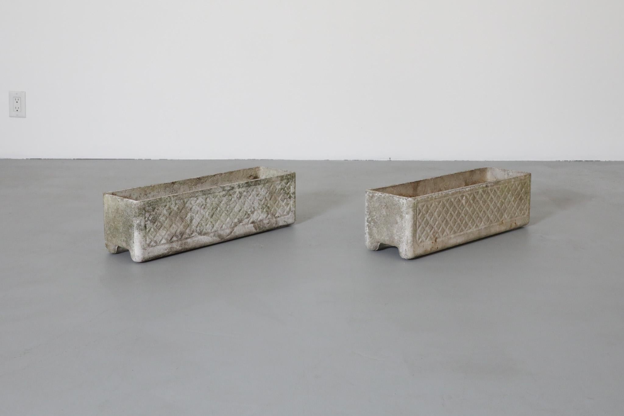 Pair of Rectangular Concrete Willy Guhl Attributed Planters w/ Diamond Pattern For Sale 11