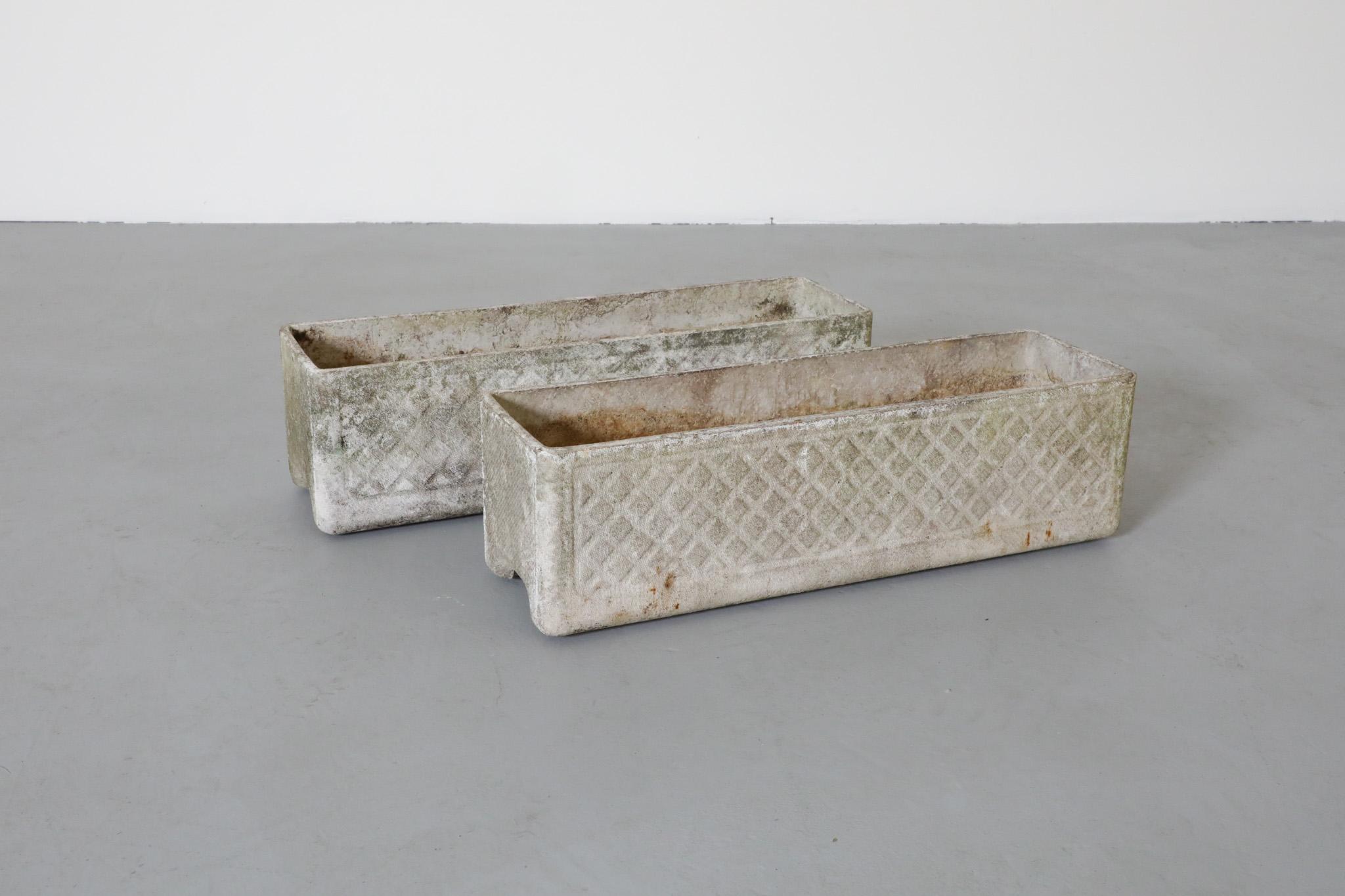Swiss Pair of Rectangular Concrete Willy Guhl Attributed Planters w/ Diamond Pattern For Sale