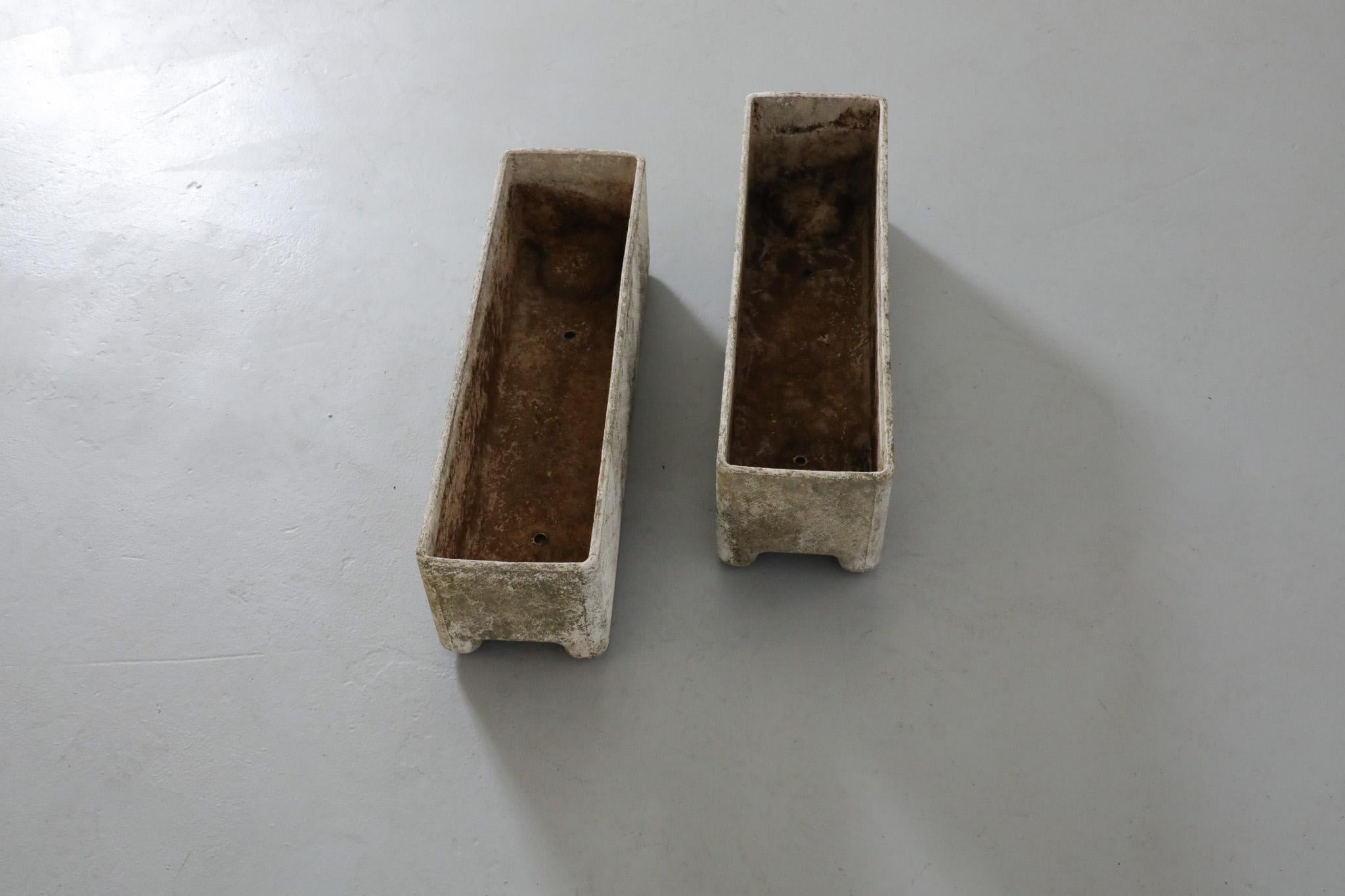 Pair of Rectangular Concrete Willy Guhl Attributed Planters w/ Diamond Pattern For Sale 1