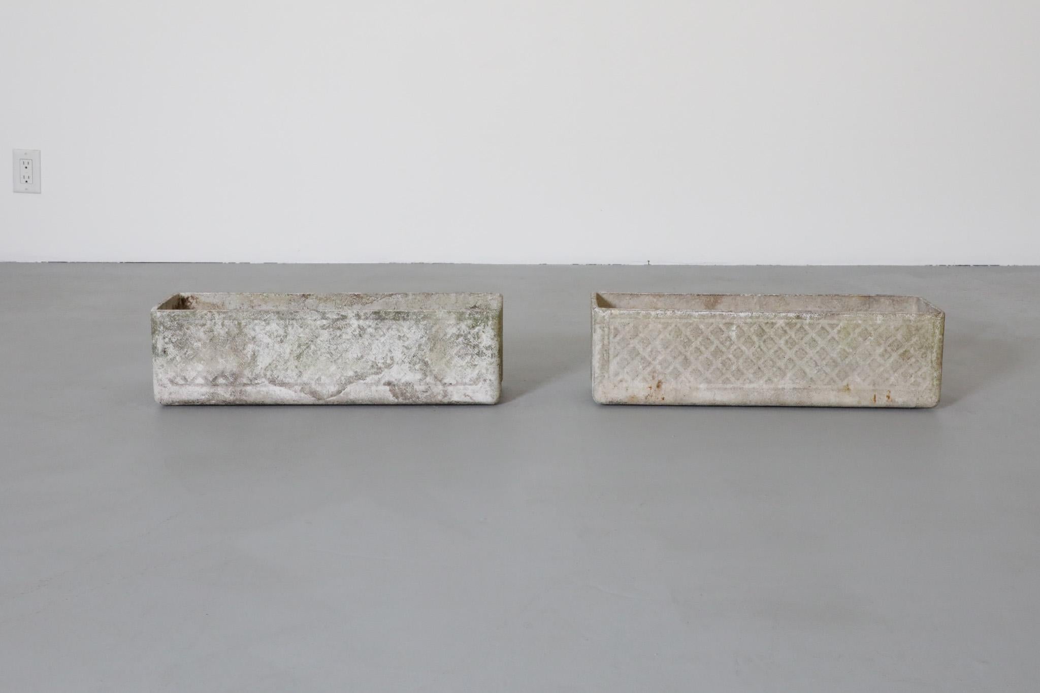 Pair of Rectangular Concrete Willy Guhl Attributed Planters w/ Diamond Pattern For Sale 2