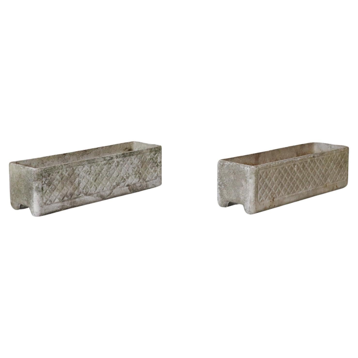 Pair of Rectangular Concrete Willy Guhl Attributed Planters w/ Diamond Pattern For Sale