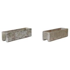 Vintage Pair of Rectangular Concrete Willy Guhl Attributed Planters w/ Diamond Pattern