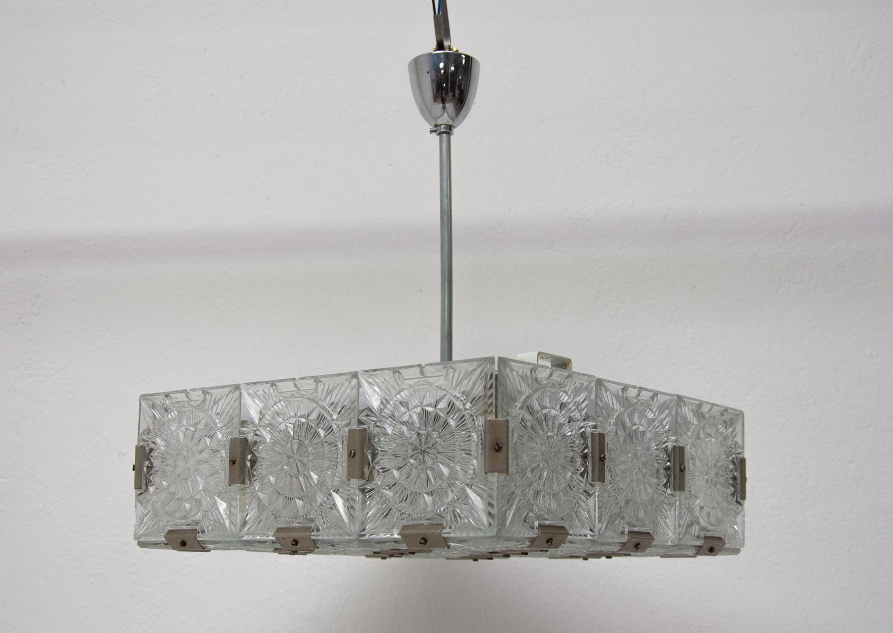 Rectangular Glass and Chromed Pendant Lamp from Kamenický Šenov, 1970s For Sale 7