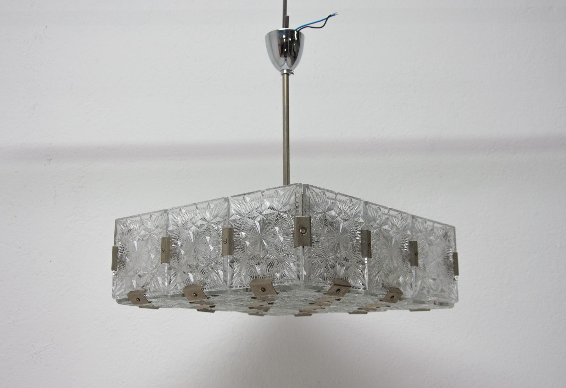 Rectangular Glass and Chromed Pendant Lamp from Kamenický Šenov, 1970s In Good Condition For Sale In Prague 8, CZ