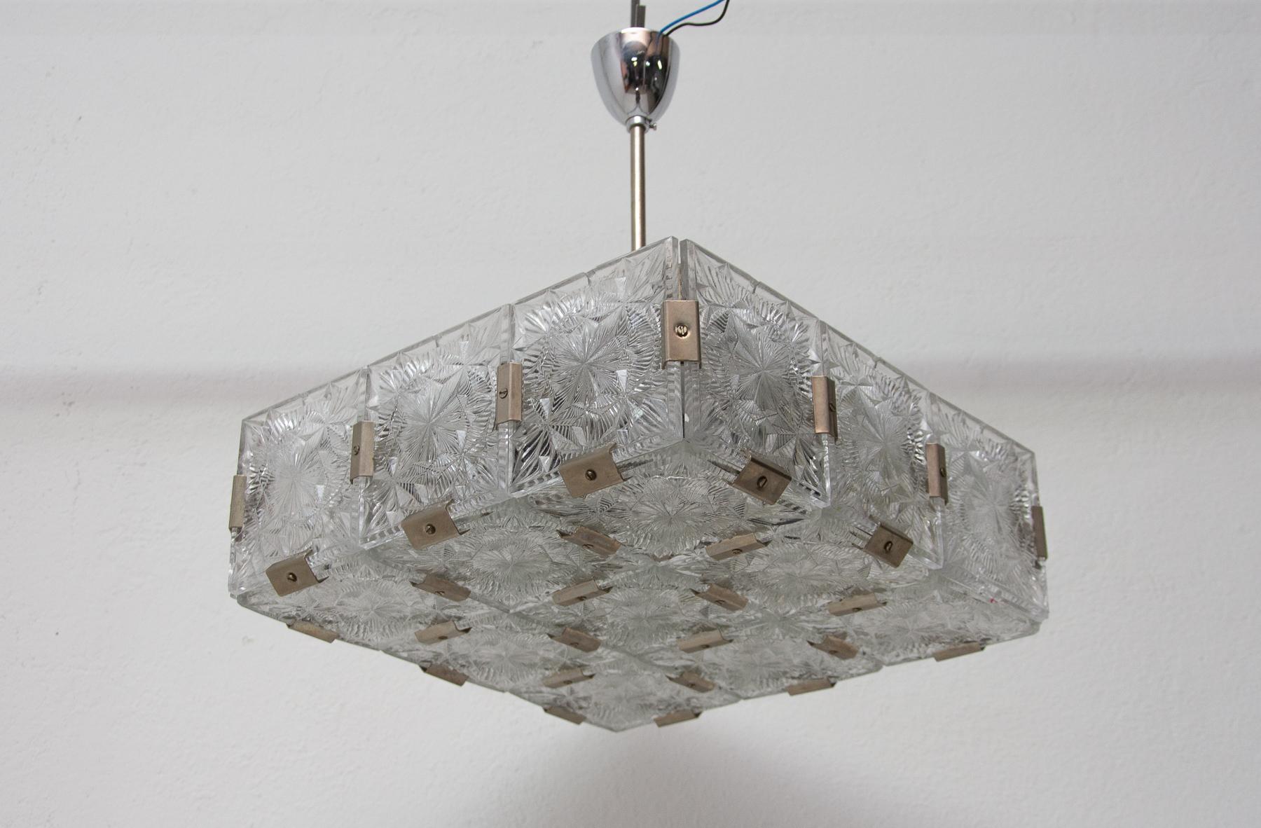 Late 20th Century Rectangular Glass and Chromed Pendant Lamp from Kamenický Šenov, 1970s For Sale
