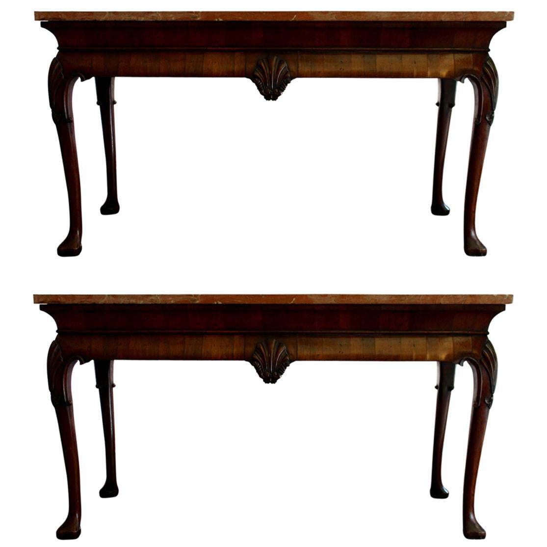 Pair of Rectangular Marble-Topped Walnut Console Tables