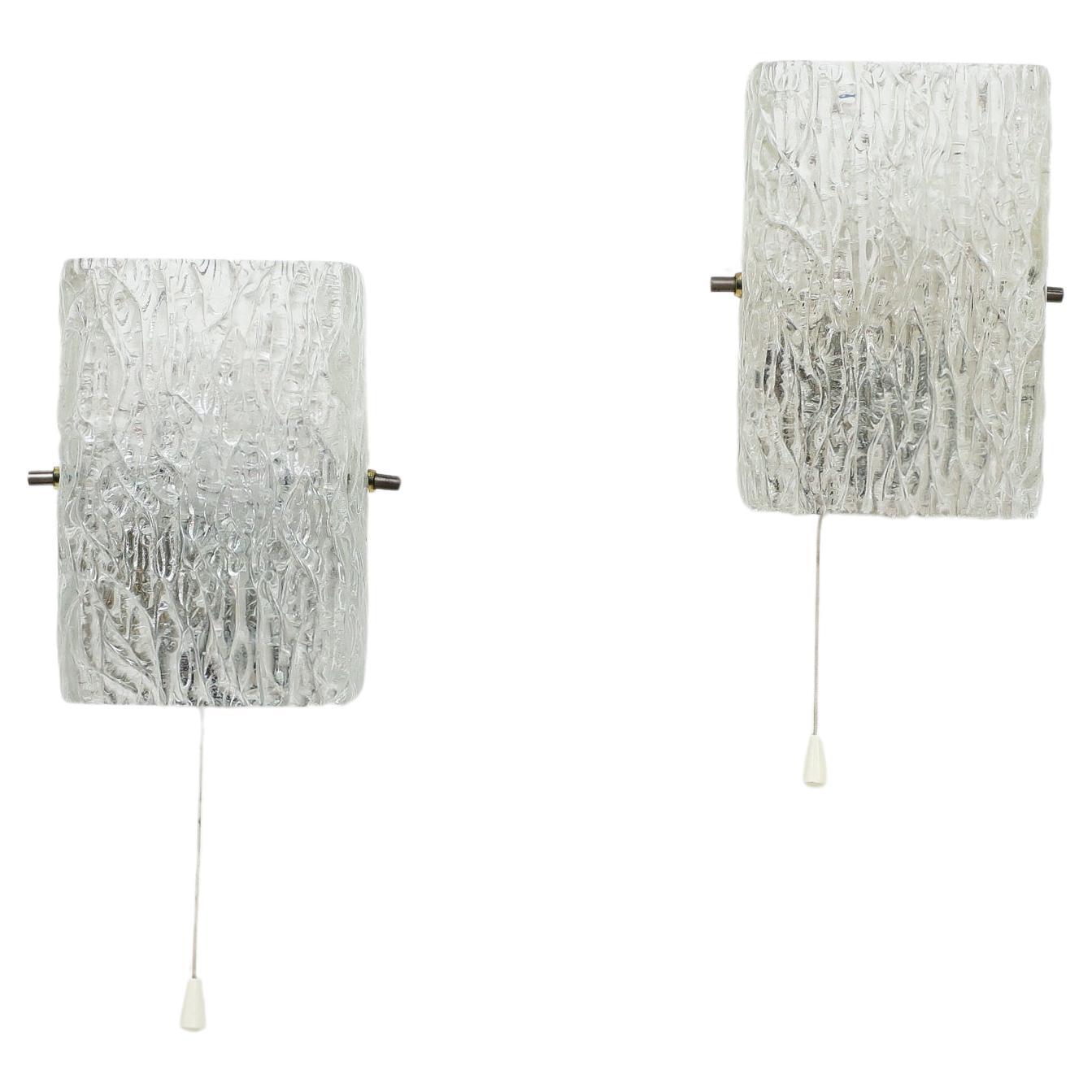 Pair of Rectangular Moulded Glass Wall Sconces For Sale