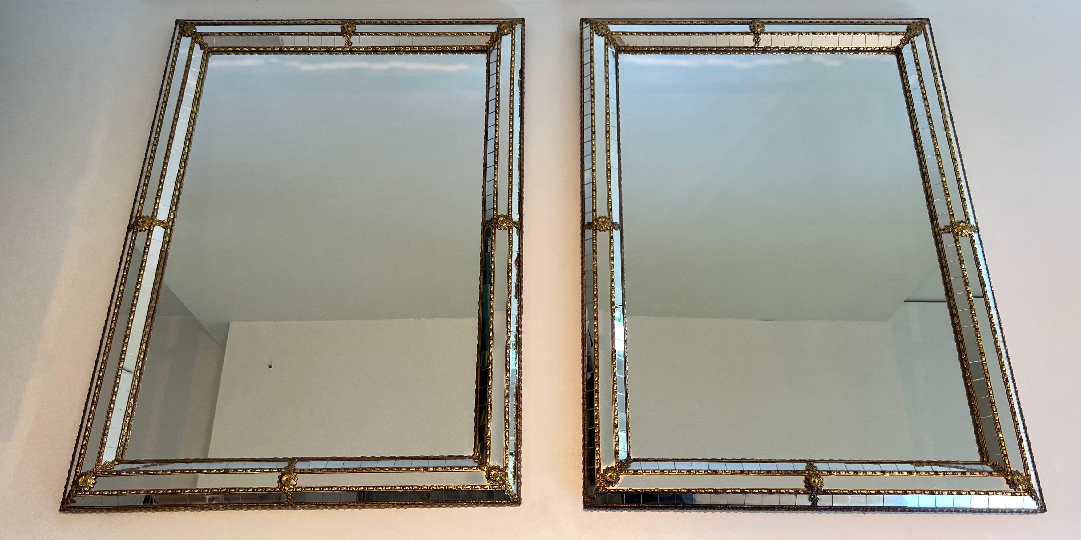 Pair of Rectangular Multi-Facets Mirrors with Brass Garlands 5