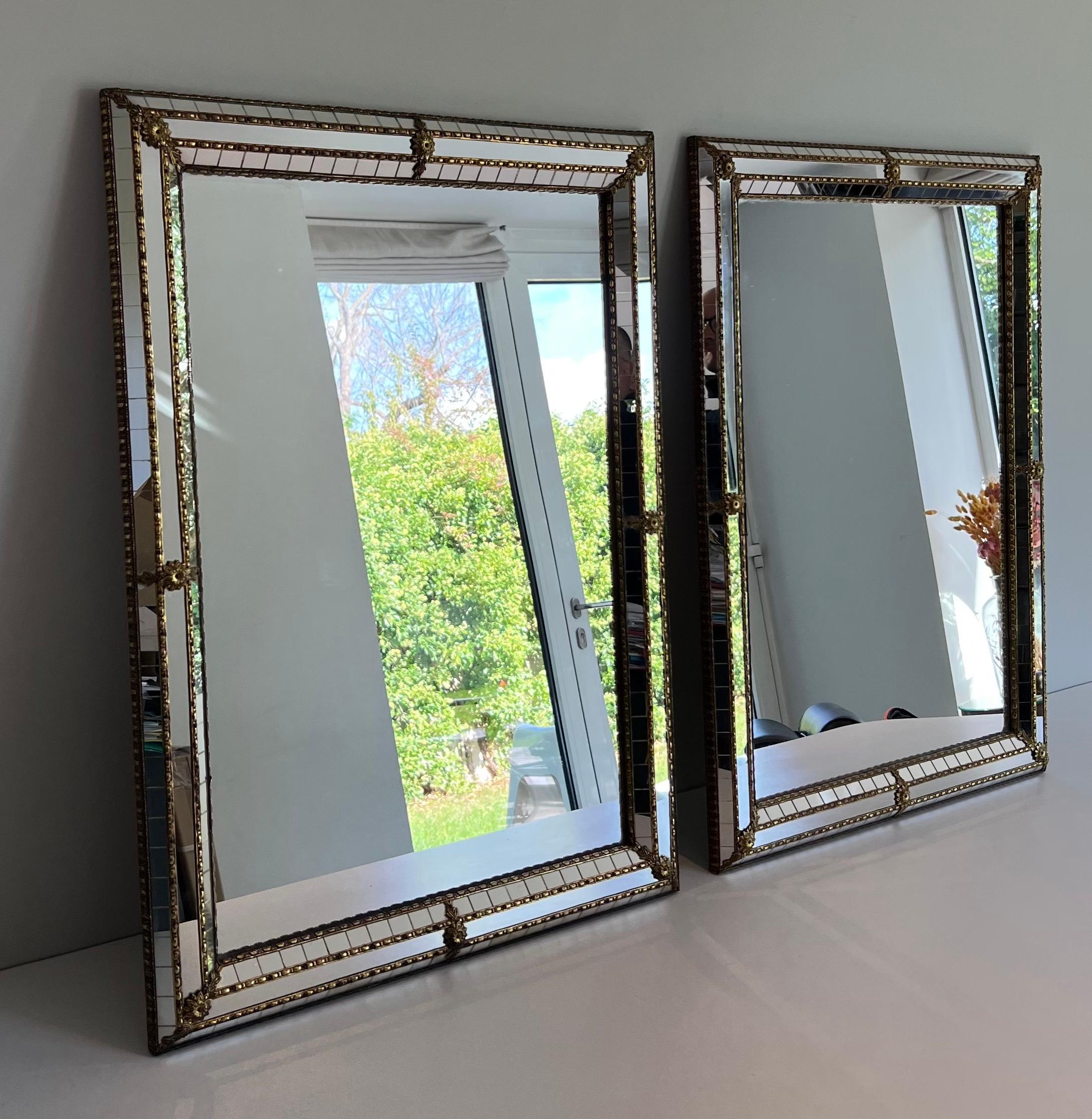 Pair of Rectangular Multi-Facets Mirrors with Brass Garlands 6