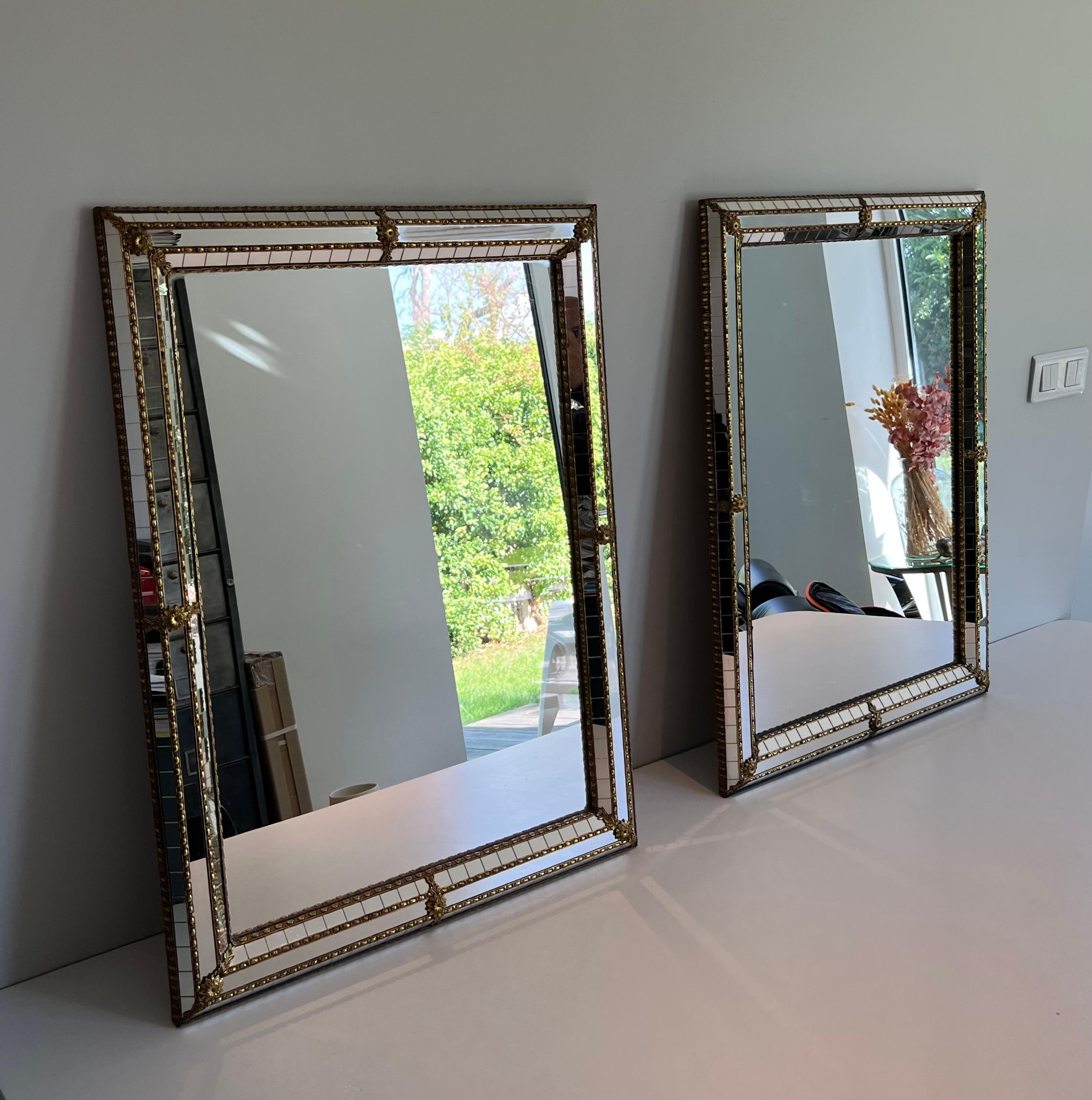 Pair of Rectangular Multi-Facets Mirrors with Brass Garlands 12