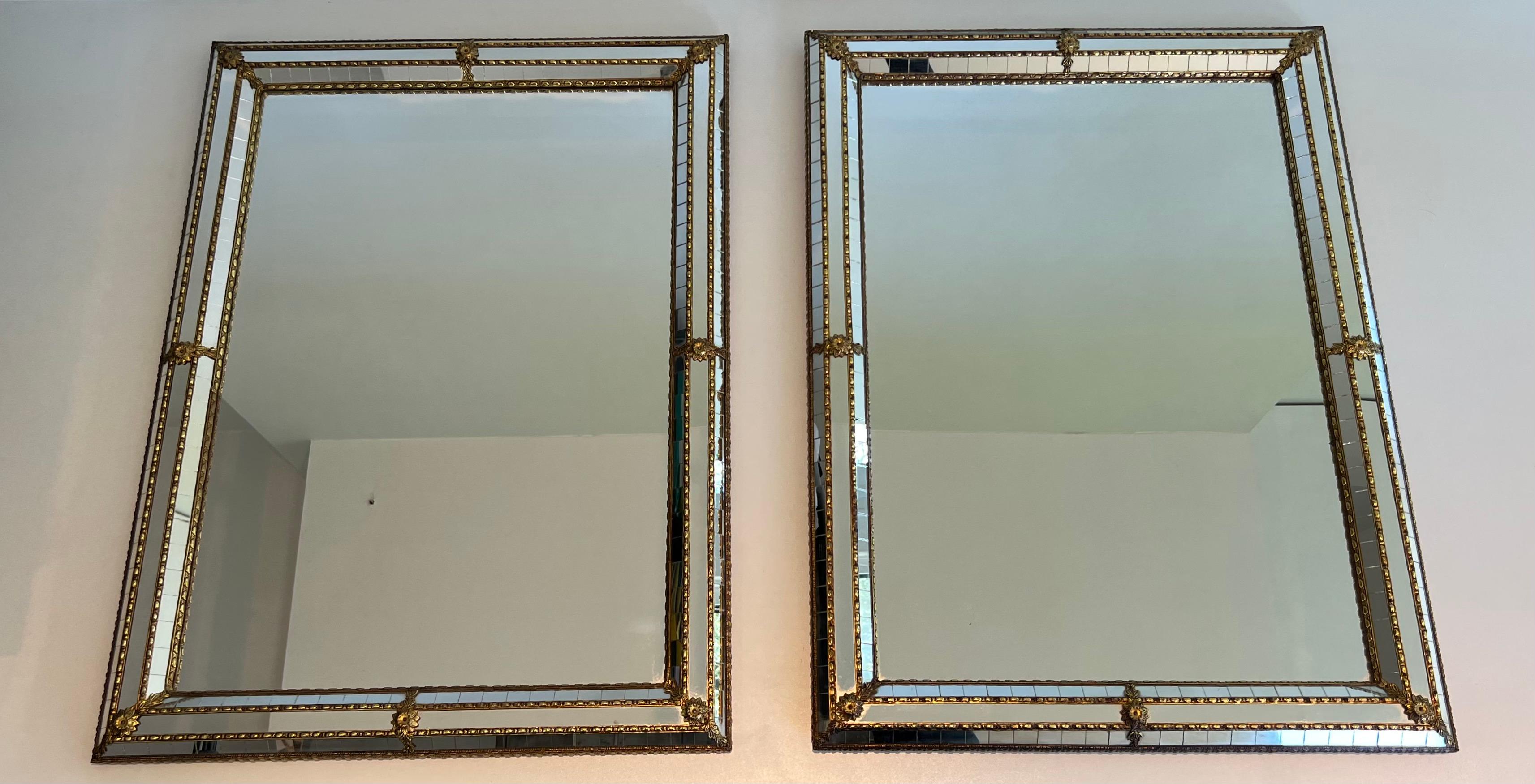 Pair of Rectangular Multi-Facets Mirrors with Brass Garlands 13