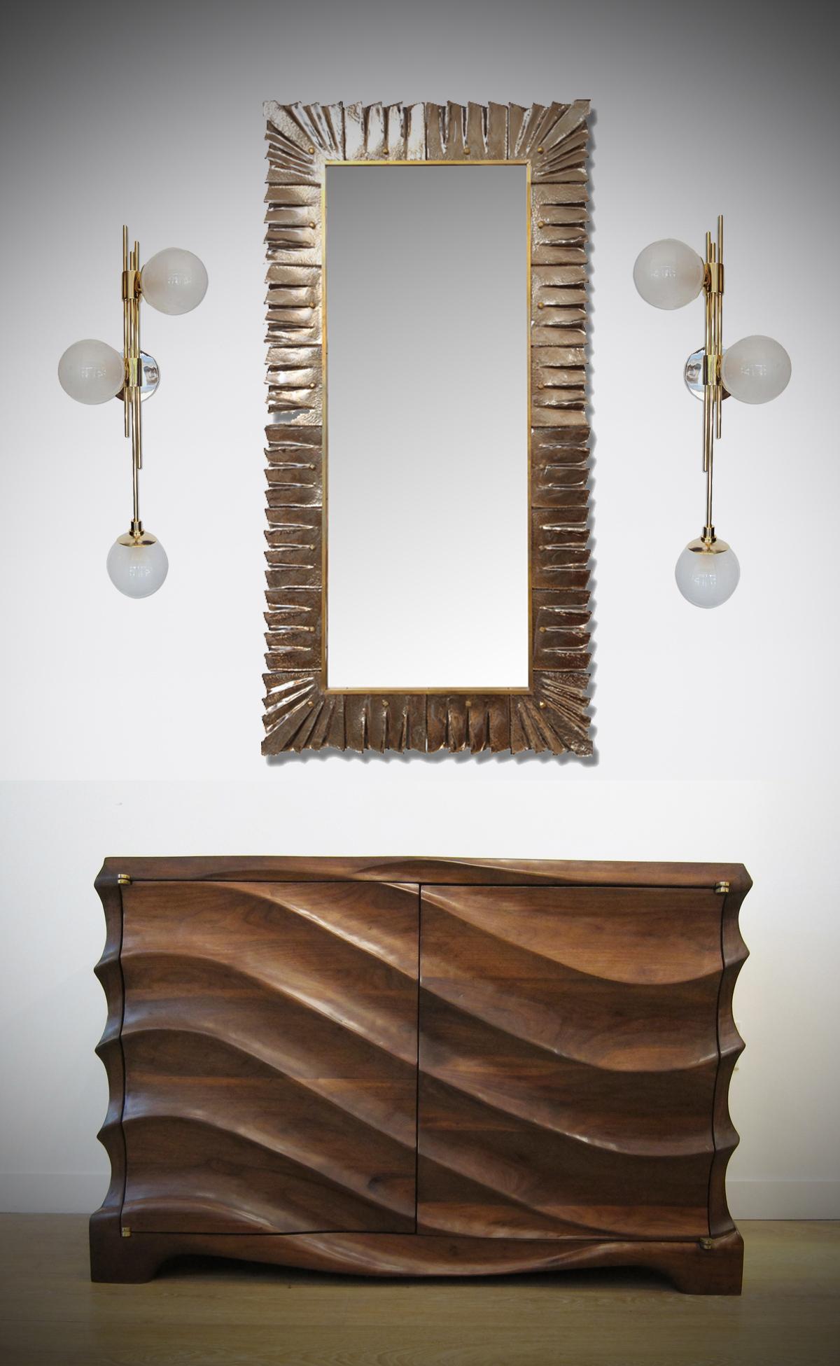 Contemporary Pair of Large Rectangular Murano Bronze Glass Framed Mirrors, in Stock For Sale