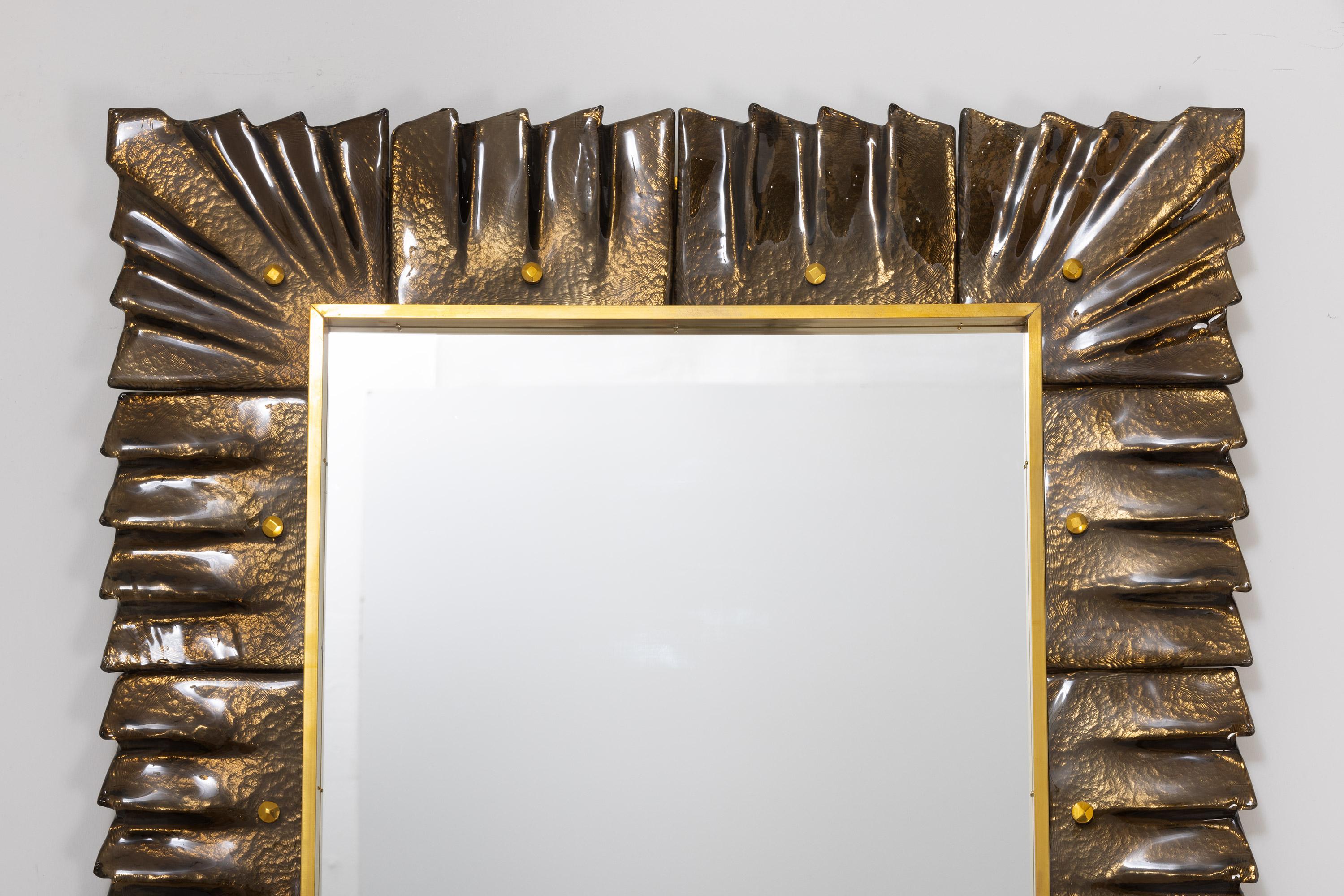 Italian Pair of Rectangular Murano Bronze Glass Framed Mirrors, in Stock For Sale