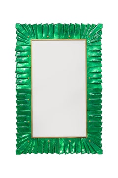 Pair of Rectangular Murano Emerald Green Glass Framed Mirrors, in Stock