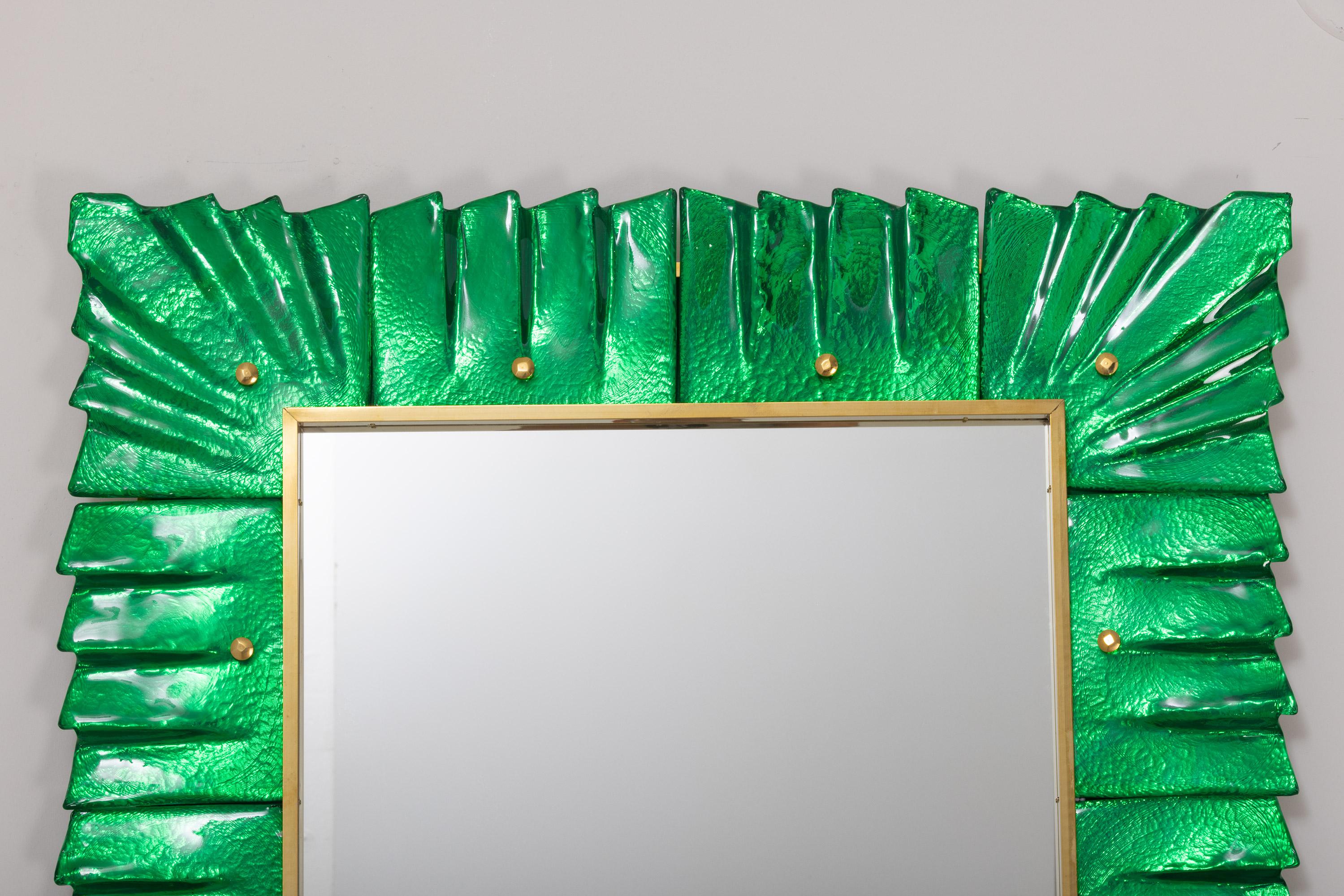 Italian Pair of Rectangular Murano Emerald Green Glass Framed Mirrors, in Stock For Sale