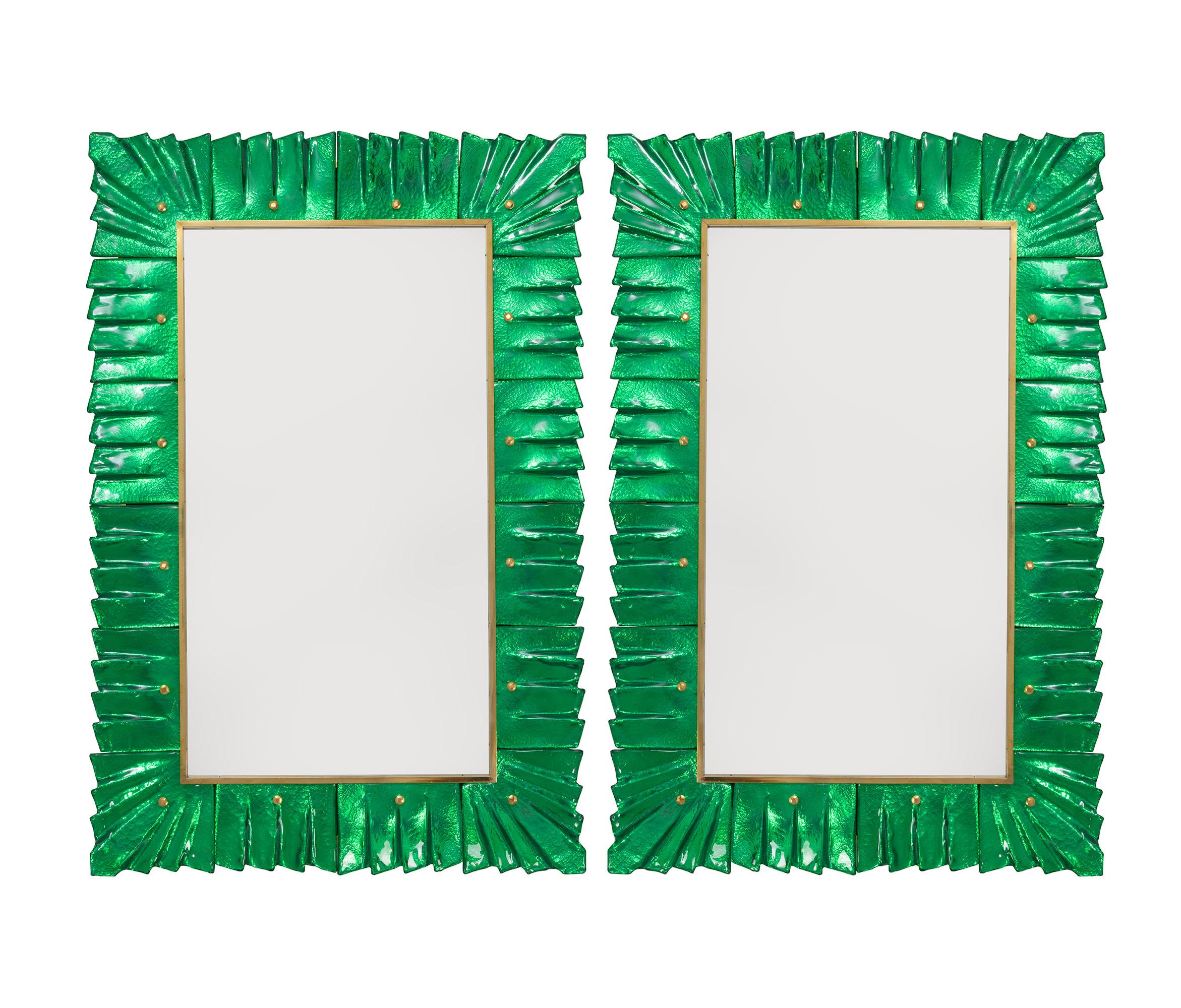 Pair of Rectangular Murano Emerald Green Glass Framed Mirrors, in Stock