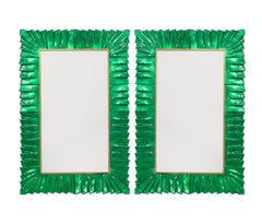 Pair of Rectangular Murano Emerald Green Glass Framed Mirrors, in Stock