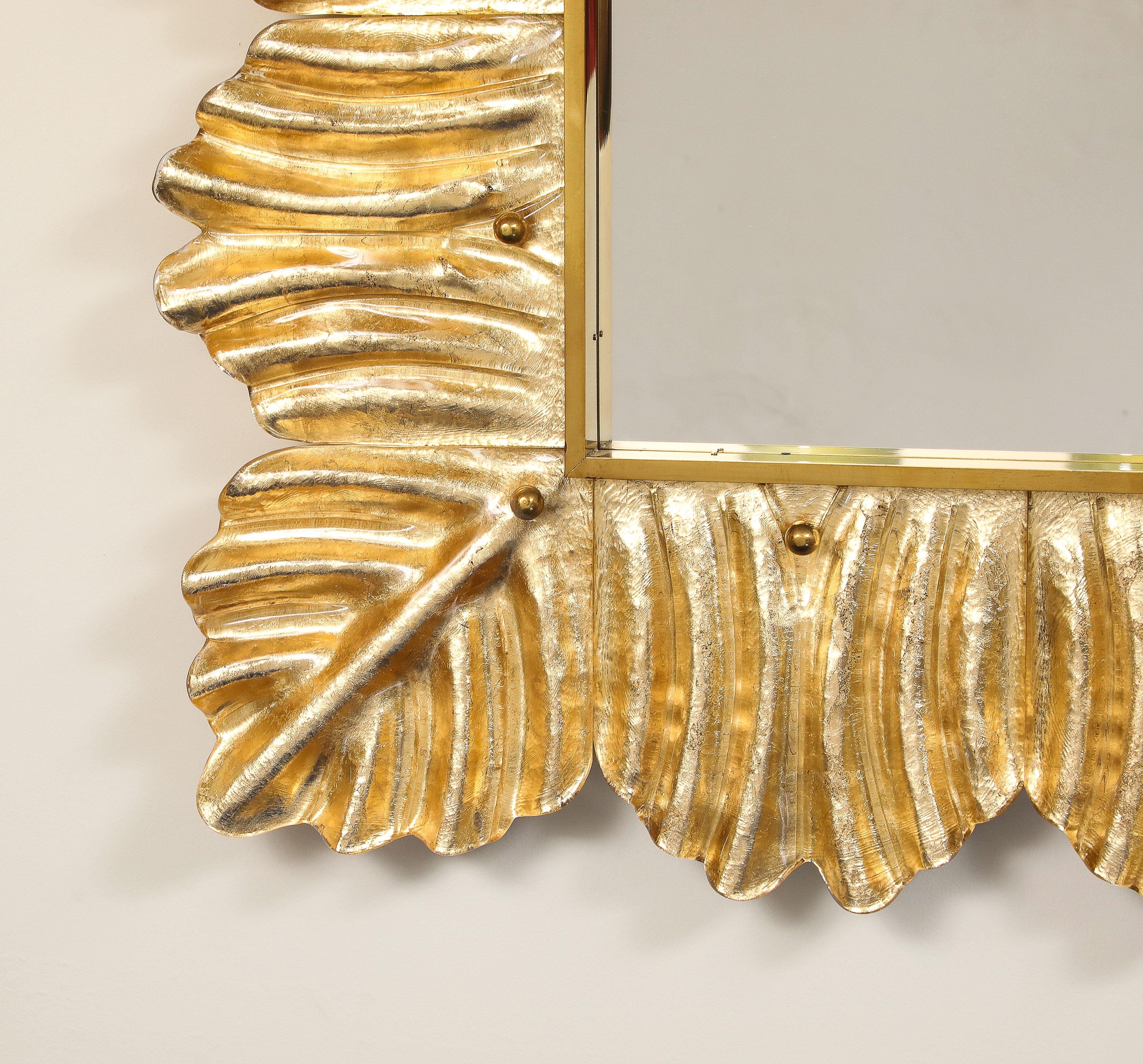 Coppia di specchi rettangolari in vetro di Murano con dettagli in ottone e foglia d'oro, Italia in vendita 4